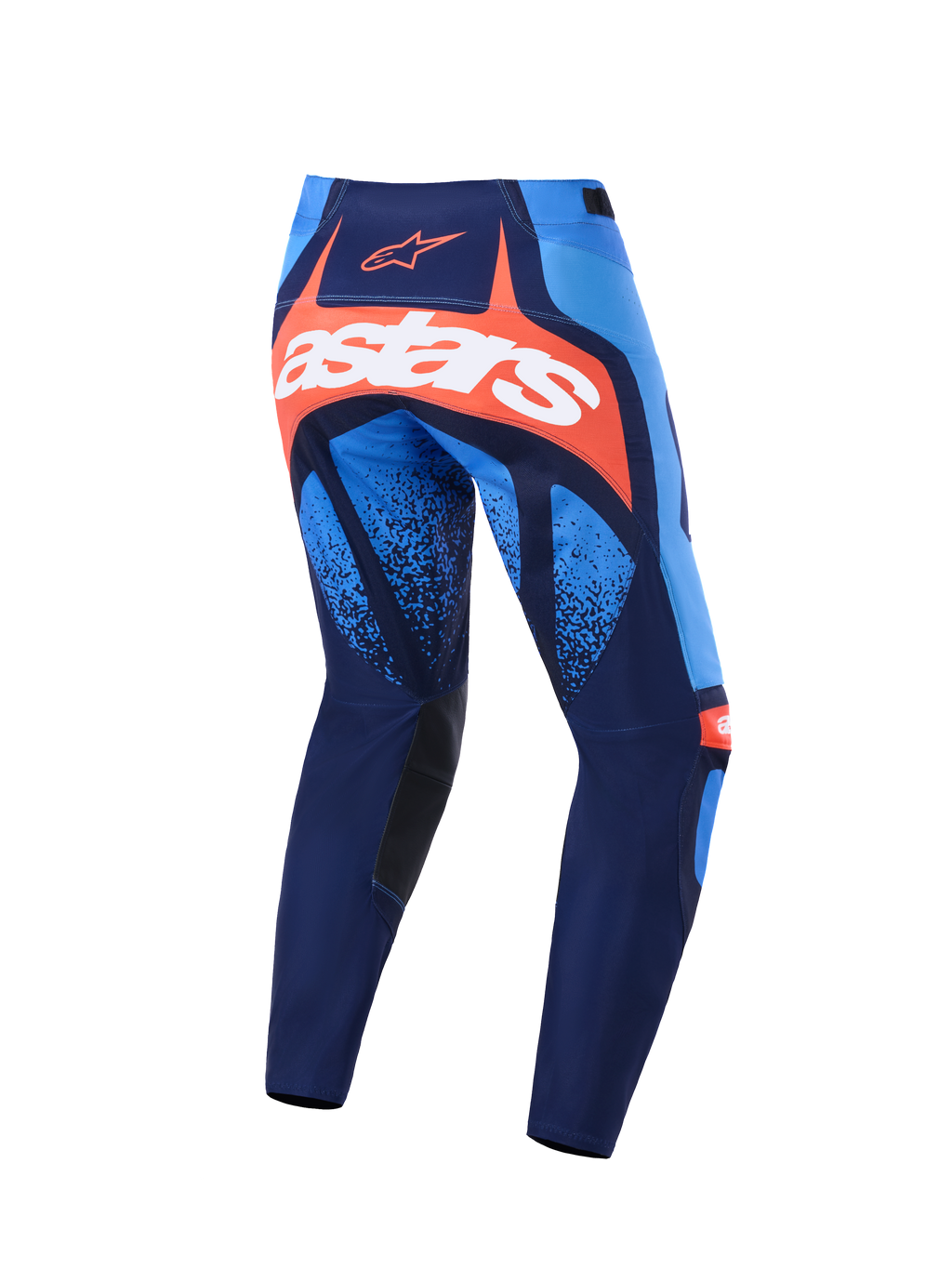 Alpinestars Techstar Nomur Pants 2026, pantaloni da motocross, blu scuro, arancione e azzurro UCLA, vista posteriore con logo Astars bianco su pannello arancione, design multi-pannello con accenti azzurri, pannelli interni neri sulle ginocchia, abbigliamento resistente per fuoristrada.