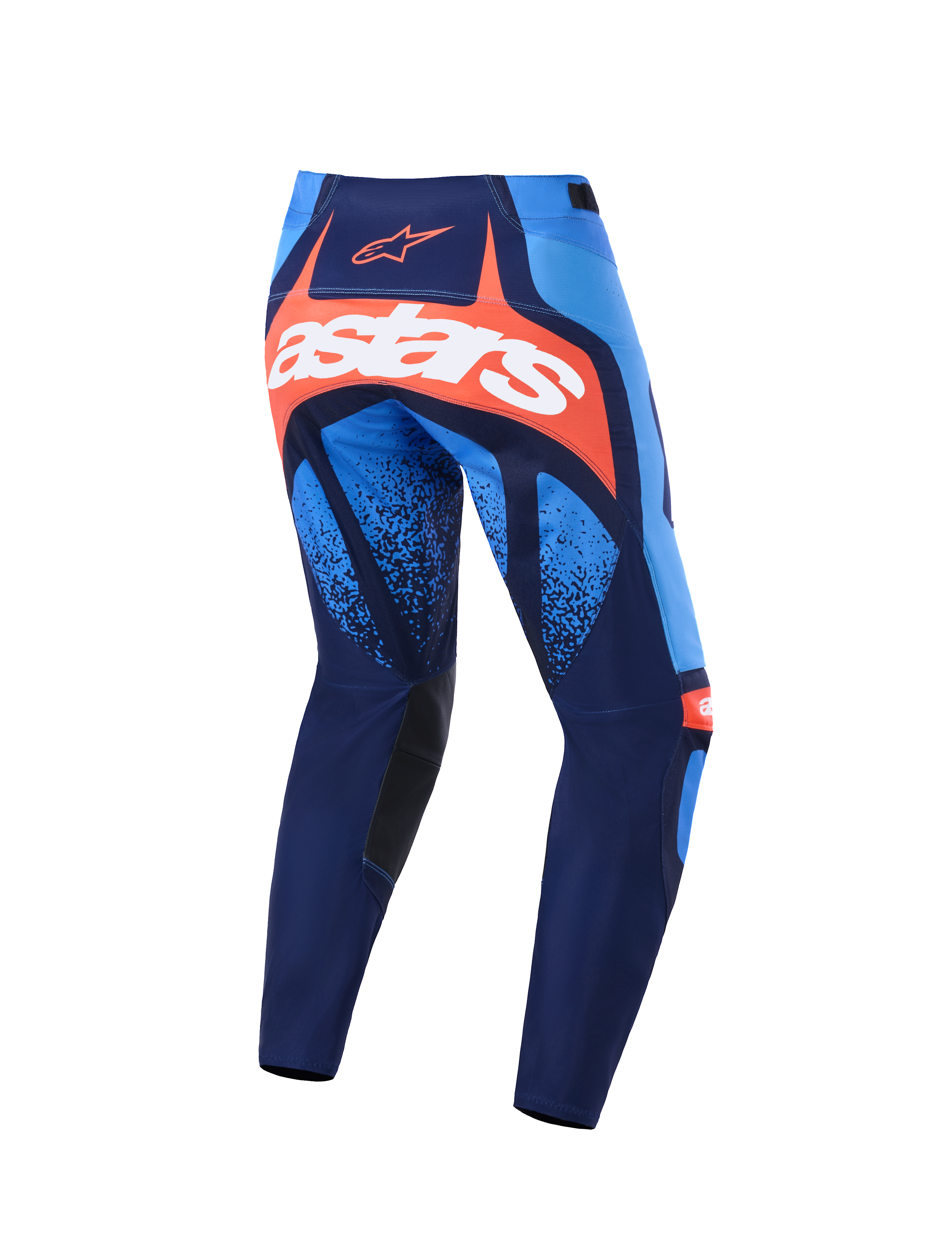 Alpinestars Techstar Nomur Pants 2026, pantaloni da motocross, blu scuro, arancione e azzurro UCLA, vista posteriore con logo Astars bianco su pannello arancione, design multi-pannello con accenti azzurri, pannelli interni neri sulle ginocchia, abbigliamento resistente per fuoristrada.
