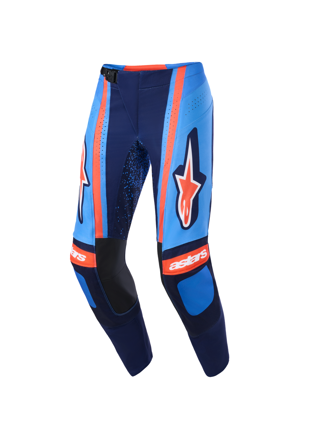 Pantaloni Alpinestars Techstar Nomur 2026, pantaloni da motocross, blu scuro, arancione e azzurro UCLA, con branding Alpinestars sulle cosce e logo 'astars' sulle ginocchia, fibbia magnetica in vita e perforazioni laser per la ventilazione, abbigliamento off-road ad alte prestazioni