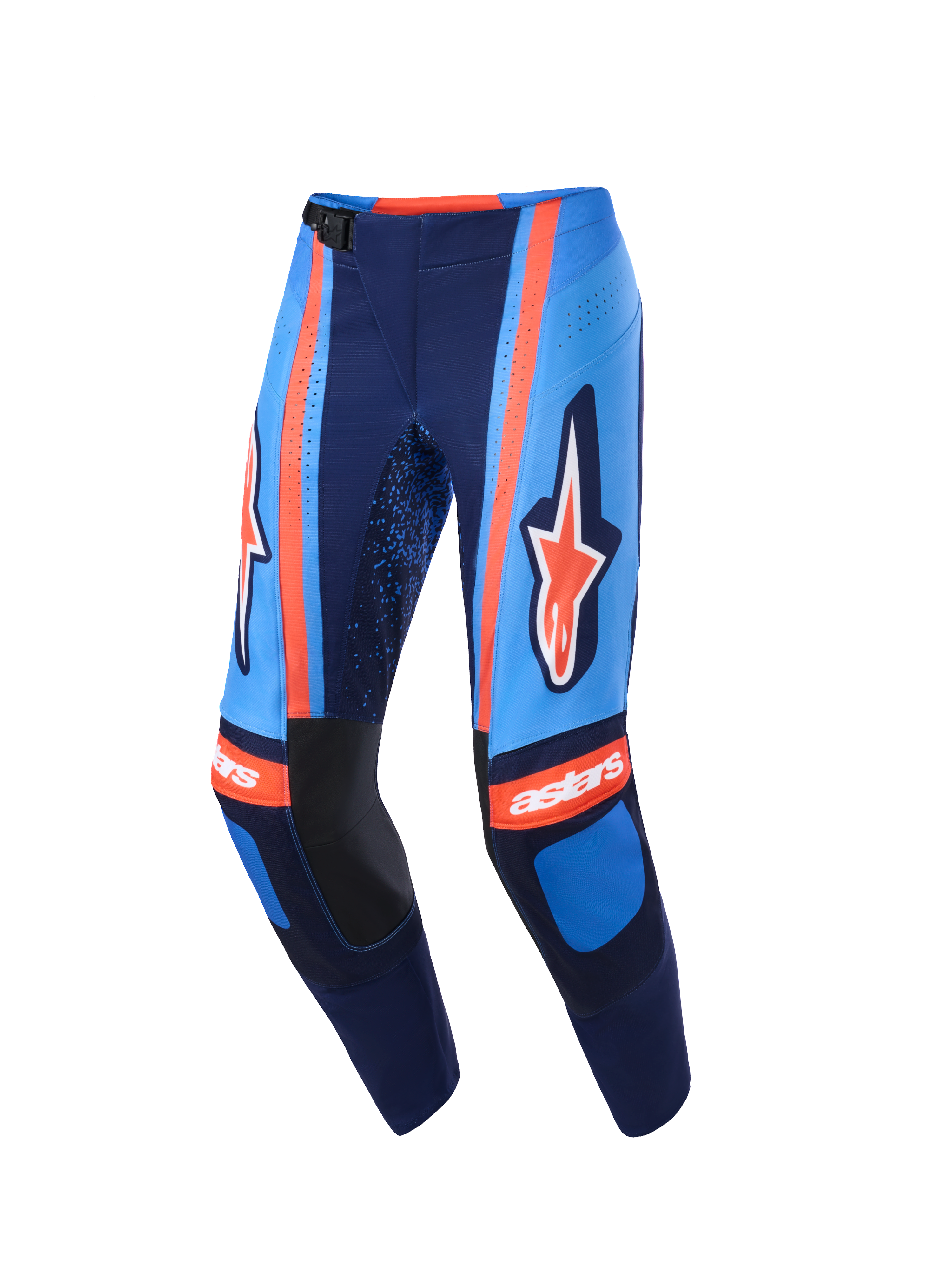 Pantaloni Alpinestars Techstar Nomur 2026, pantaloni da motocross, blu scuro, arancione e azzurro UCLA, con branding Alpinestars sulle cosce e logo 'astars' sulle ginocchia, fibbia magnetica in vita e perforazioni laser per la ventilazione, abbigliamento off-road ad alte prestazioni