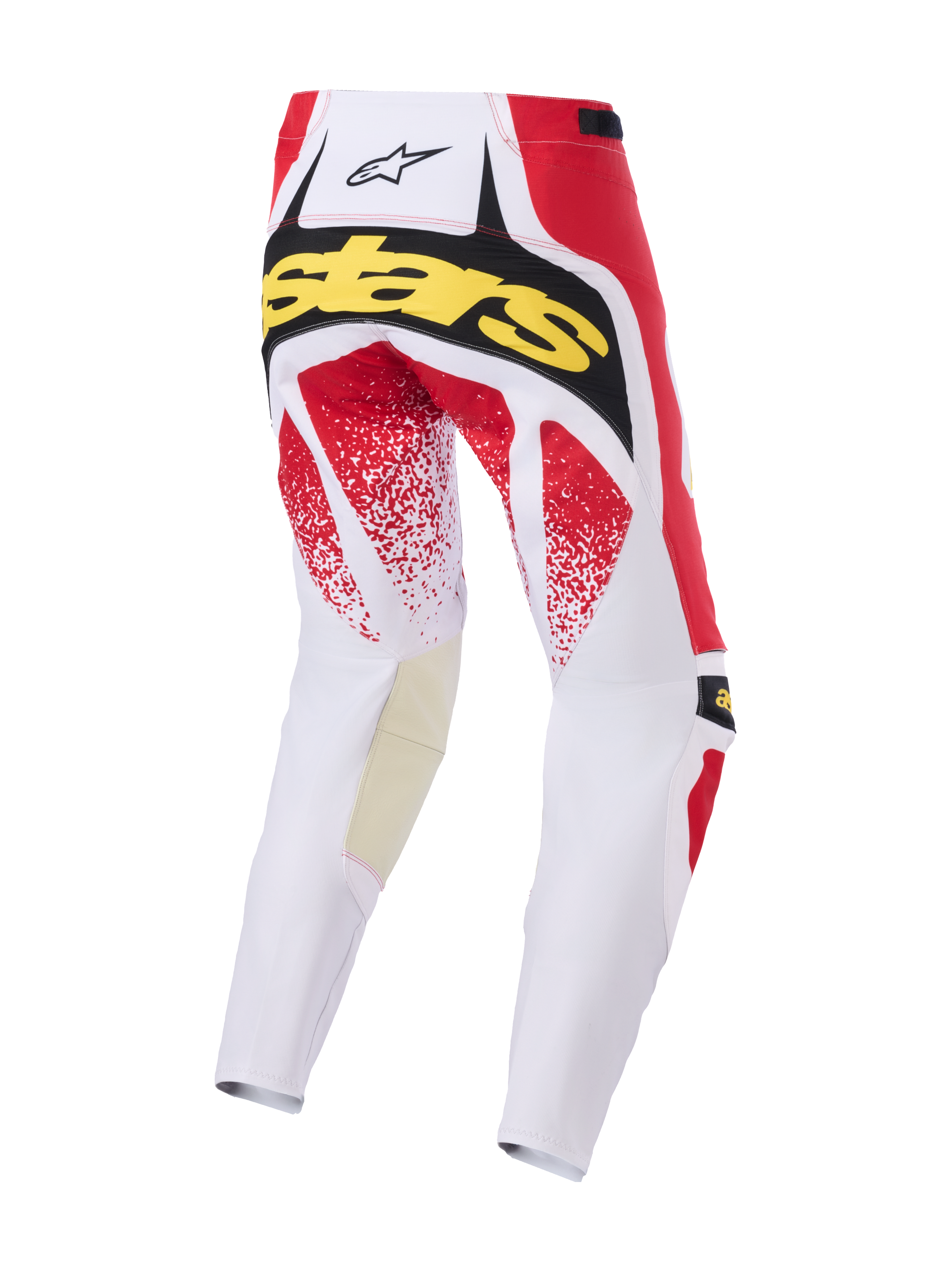 Alpinestars Pantaloni Techstar Nomur 2026, pantaloni da motocross, bianco, rosso e nero, vista posteriore con marchio 'Stars' giallo e grafiche puntinate rosse, costruzione multi-pannello resistente per gare off-road