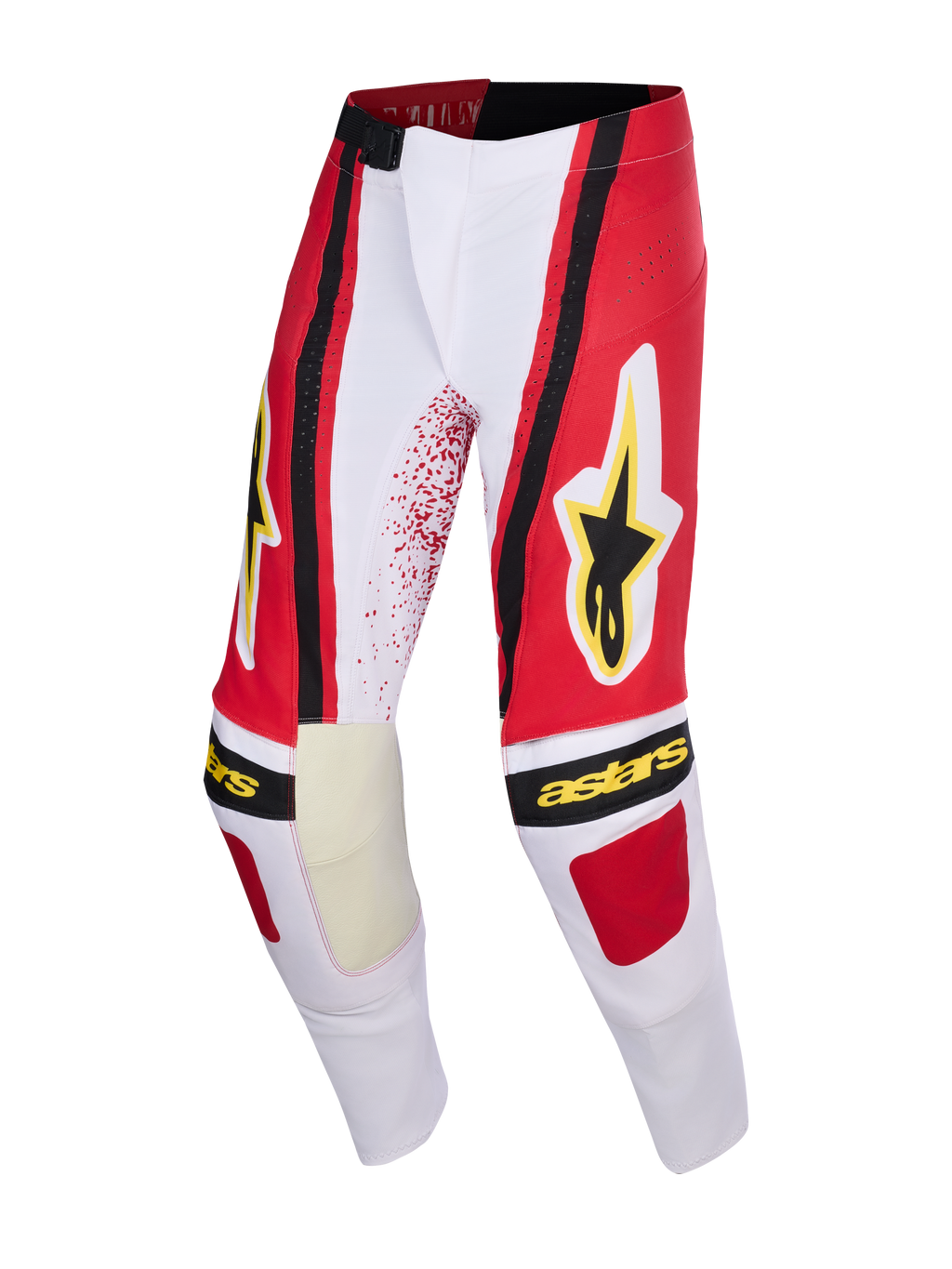 Alpinestars 2026 Techstar Nomur Pants, pantaloni da motocross, grigio chiaro, rosso e nero, con logo a stella e scritta Alpinestars in giallo, pannelli interni del ginocchio rinforzati, design atletico race-fit per corse off-road