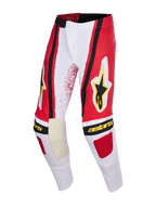 Alpinestars 2026 Techstar Nomur Pants, pantaloni da motocross, grigio chiaro, rosso e nero, con logo a stella e scritta Alpinestars in giallo, pannelli interni del ginocchio rinforzati, design atletico race-fit per corse off-road