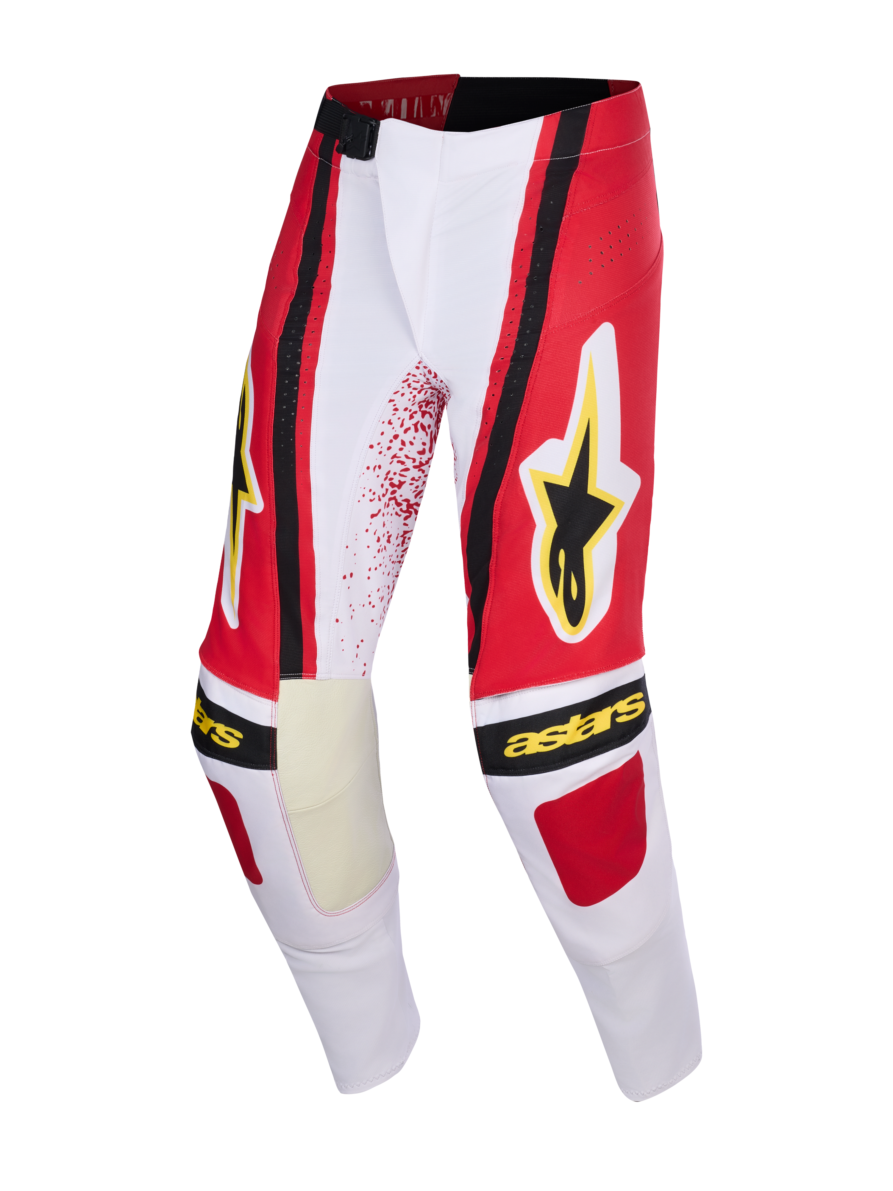 Alpinestars 2026 Techstar Nomur Pants, pantaloni da motocross, grigio chiaro, rosso e nero, con logo a stella e scritta Alpinestars in giallo, pannelli interni del ginocchio rinforzati, design atletico race-fit per corse off-road