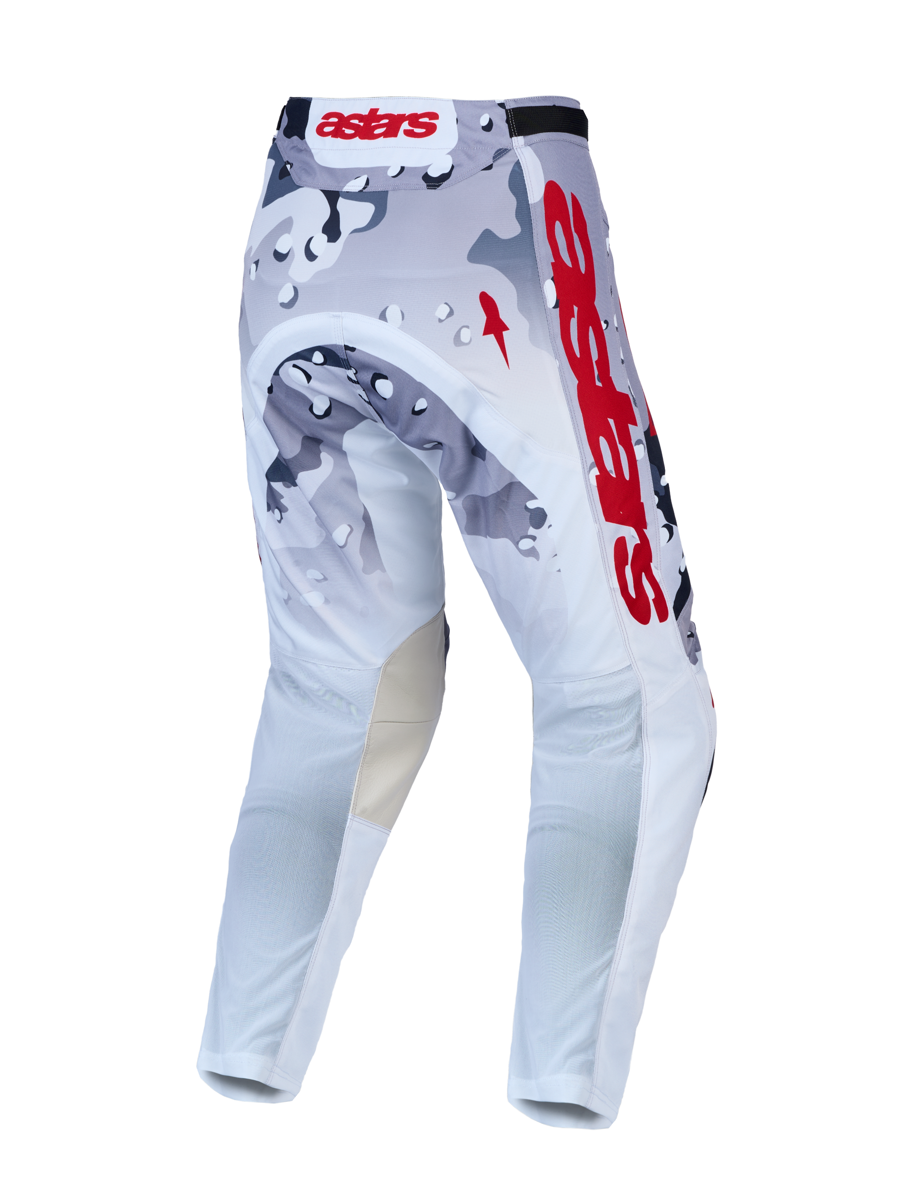 Alpinestars Racer Air Lone, pantaloni motocross ventilati, grigi e bianchi camouflage con dettagli rossi, vista posteriore.