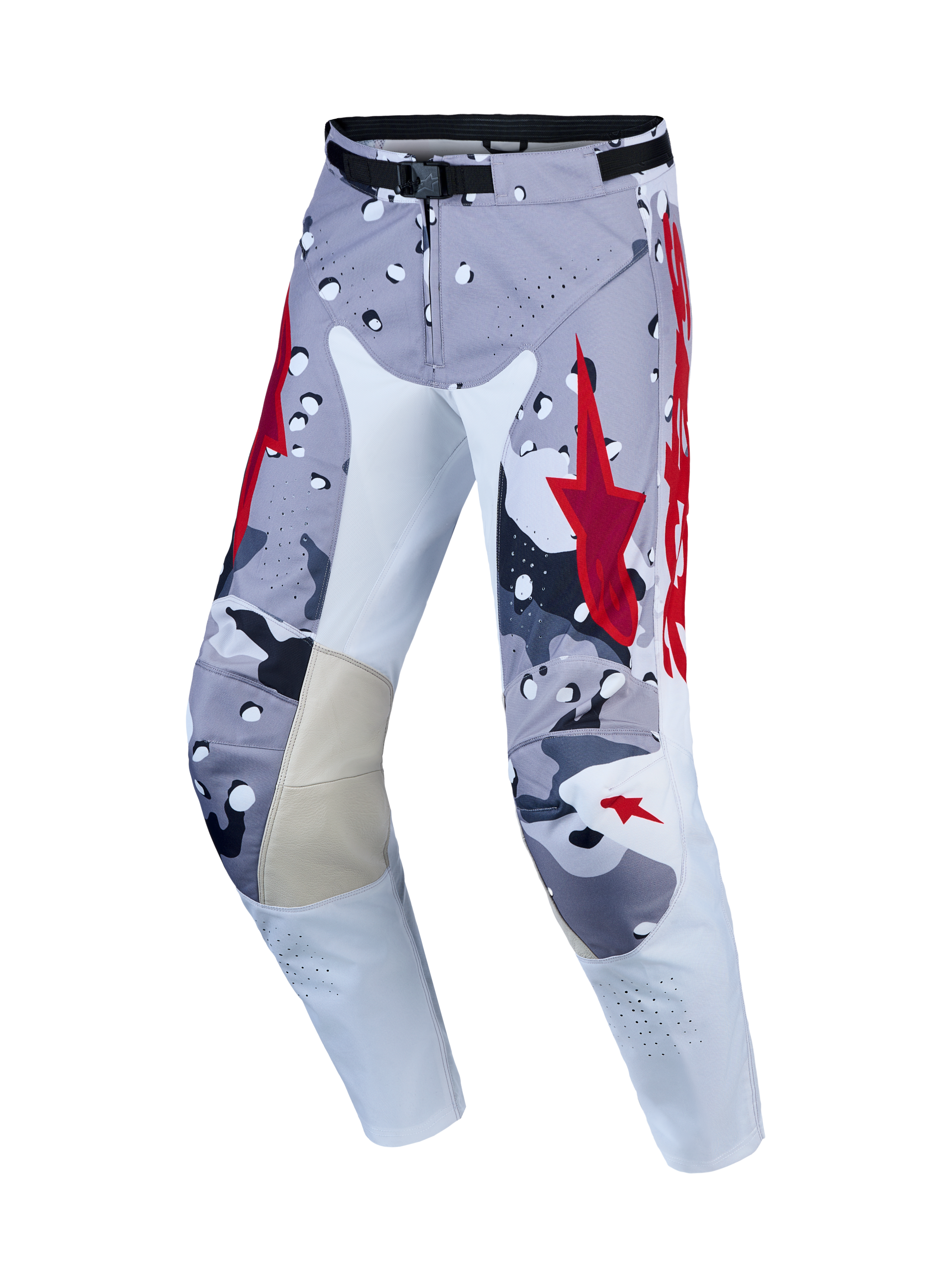 Alpinestars Pantaloni Racer Air Lone, pantaloni motocross da uomo, grigio camo e rosso, in tessuto traforato e pelle.