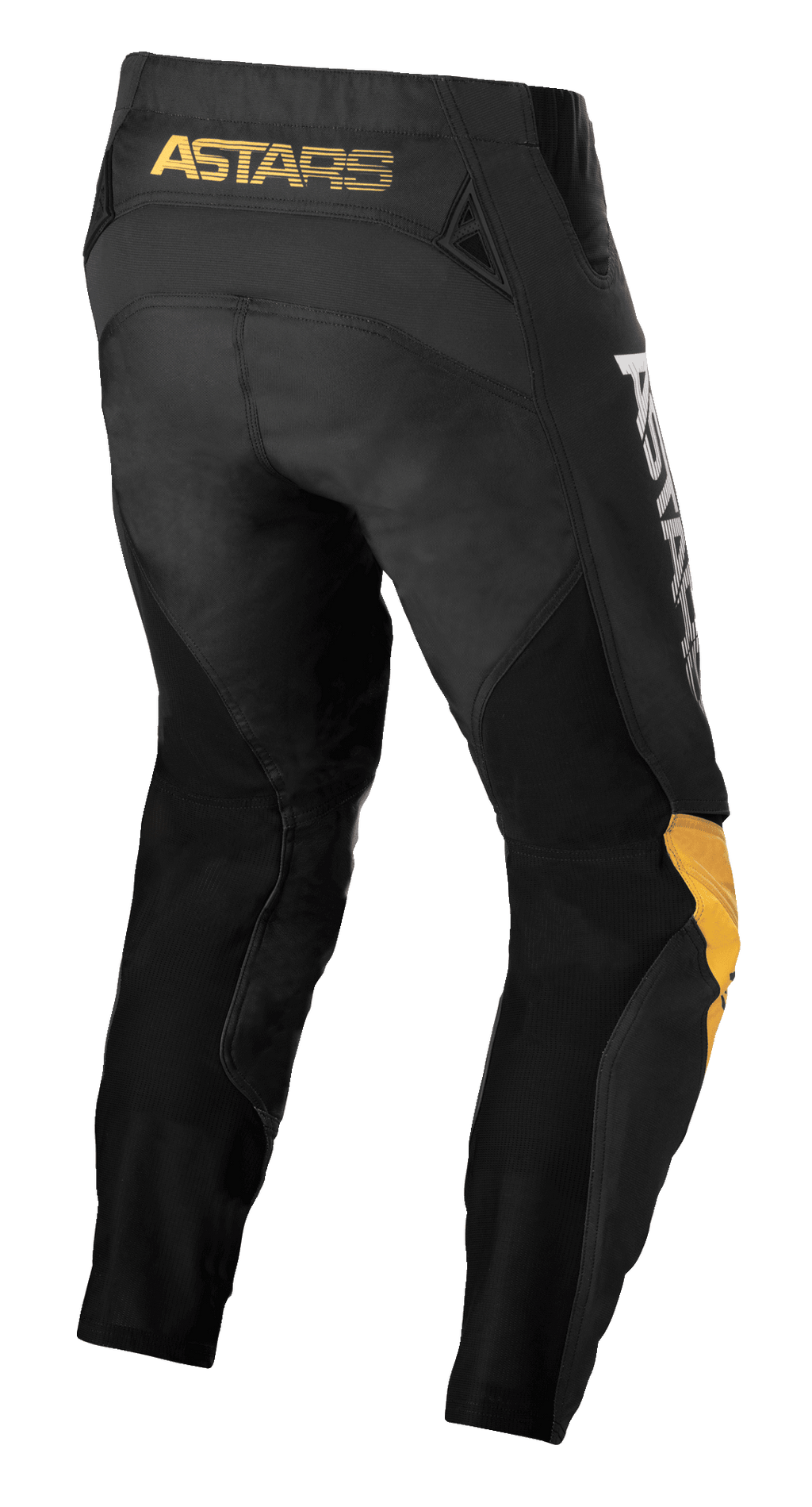 Alpinestars Pantaloni Techstar Quadro, pantaloni da motocross, nero, giallo e mandarino, vista posteriore con marchio 'ASTARS' giallo sulla cintura, inserti in rete nera per la ventilazione e pannelli ergonomici sulle ginocchia in giallo e mandarino per la resistenza nel fuoristrada