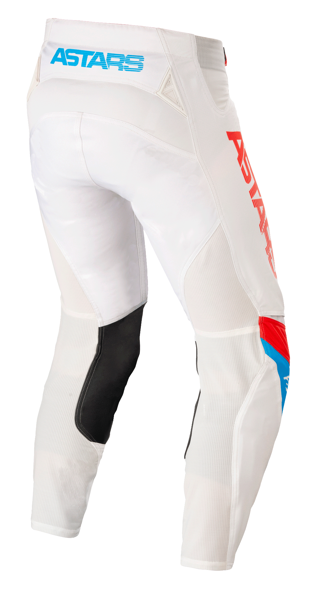 Pantaloni Alpinestars Techstar Quadro, pantaloni da motocross, bianco sporco, blu neon e rosso vivace, vista posteriore con logo 'ASTARS' azzurro sulla fascia in vita, pannelli di ventilazione in mesh, inserto in pelle nera sull'interno gamba e logo rosso vivace sul lato
