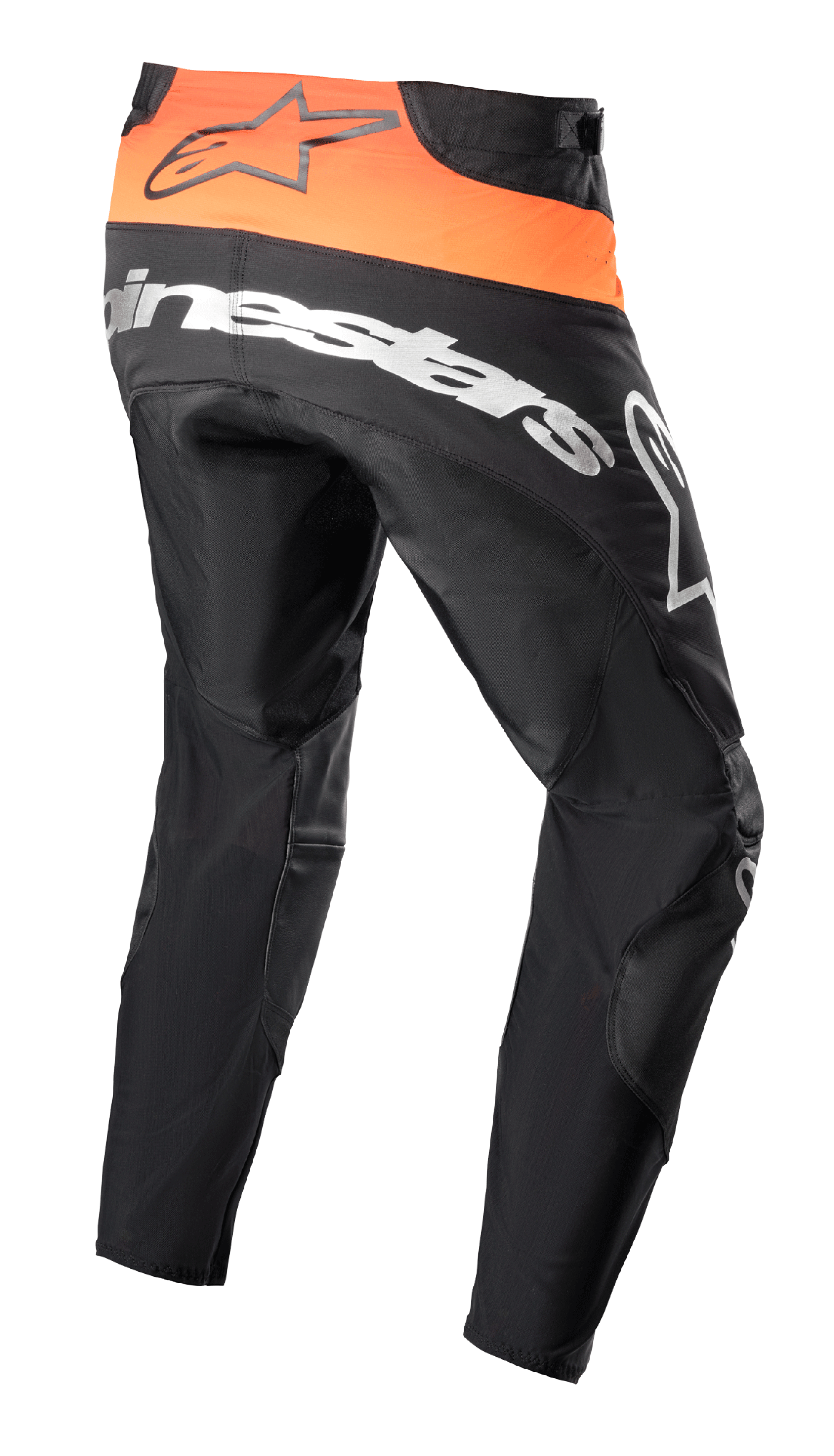 Alpinestars Techstar Sein Pants 2023, pantaloni da motocross, nero e arancione acceso, vista posteriore con pannello in vita arancione e logo nero, grande marchio Alpinestars bianco sulla seduta, costruzione in tessuto rinforzato per gare fuoristrada