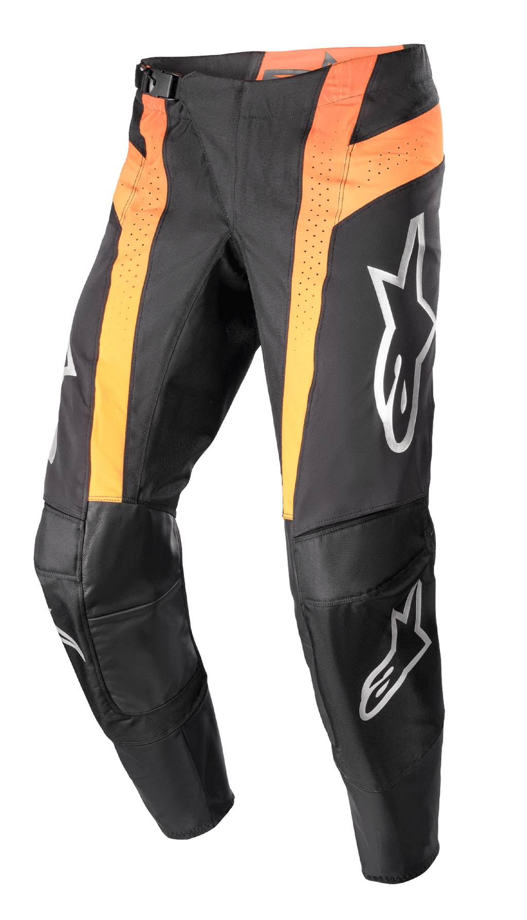 Alpinestars Pantaloni Techstar Sein 2023, pantaloni da motocross, nero e arancione acceso, con pannelli verticali arancioni e ventilazione traforata, aree delle ginocchia rinforzate in pelle, loghi argento su cosce e stinchi e design con vestibilità race.