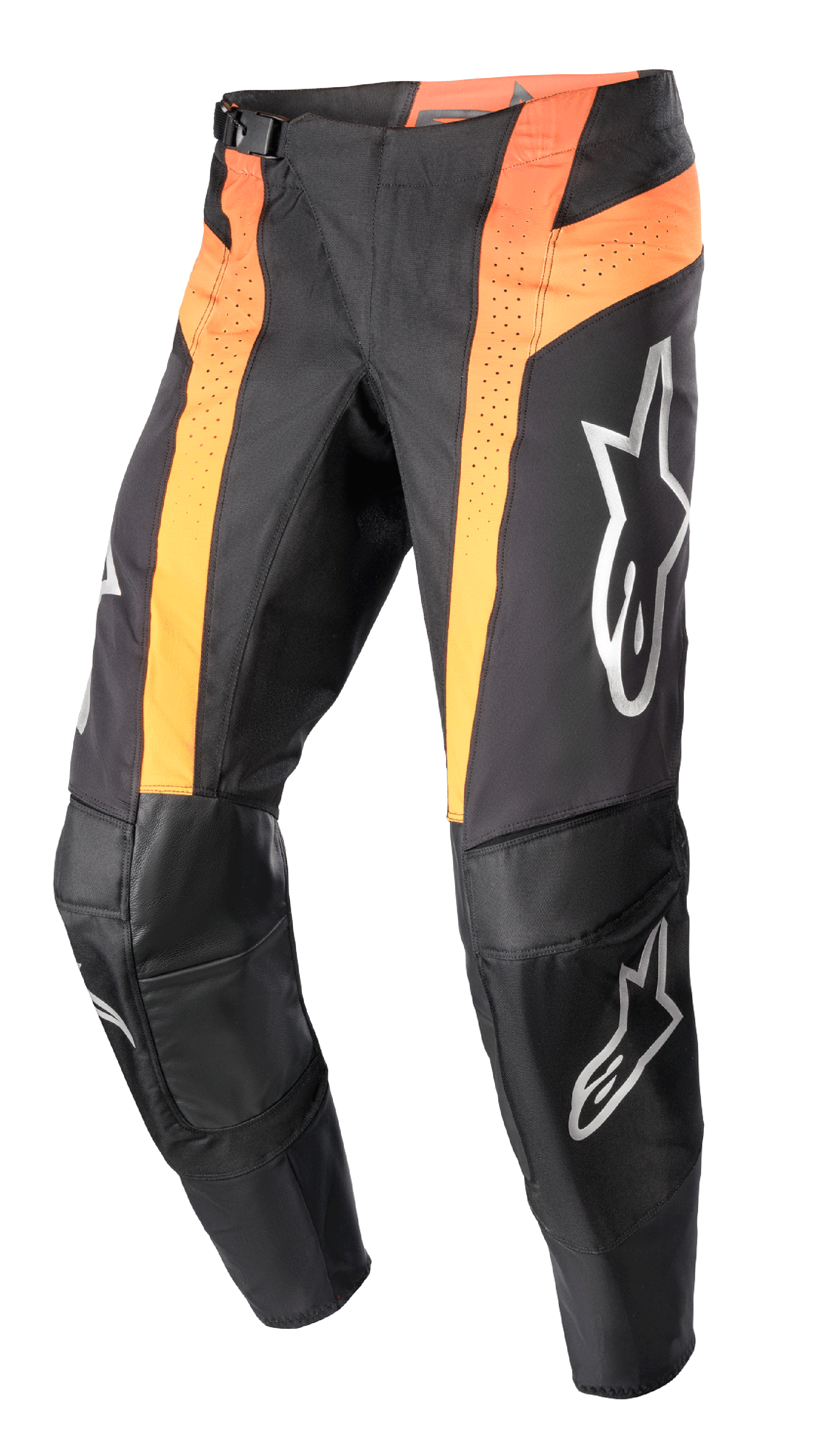 Alpinestars Pantaloni Techstar Sein 2023, pantaloni da motocross, nero e arancione acceso, con pannelli verticali arancioni e ventilazione traforata, aree delle ginocchia rinforzate in pelle, loghi argento su cosce e stinchi e design con vestibilità race.