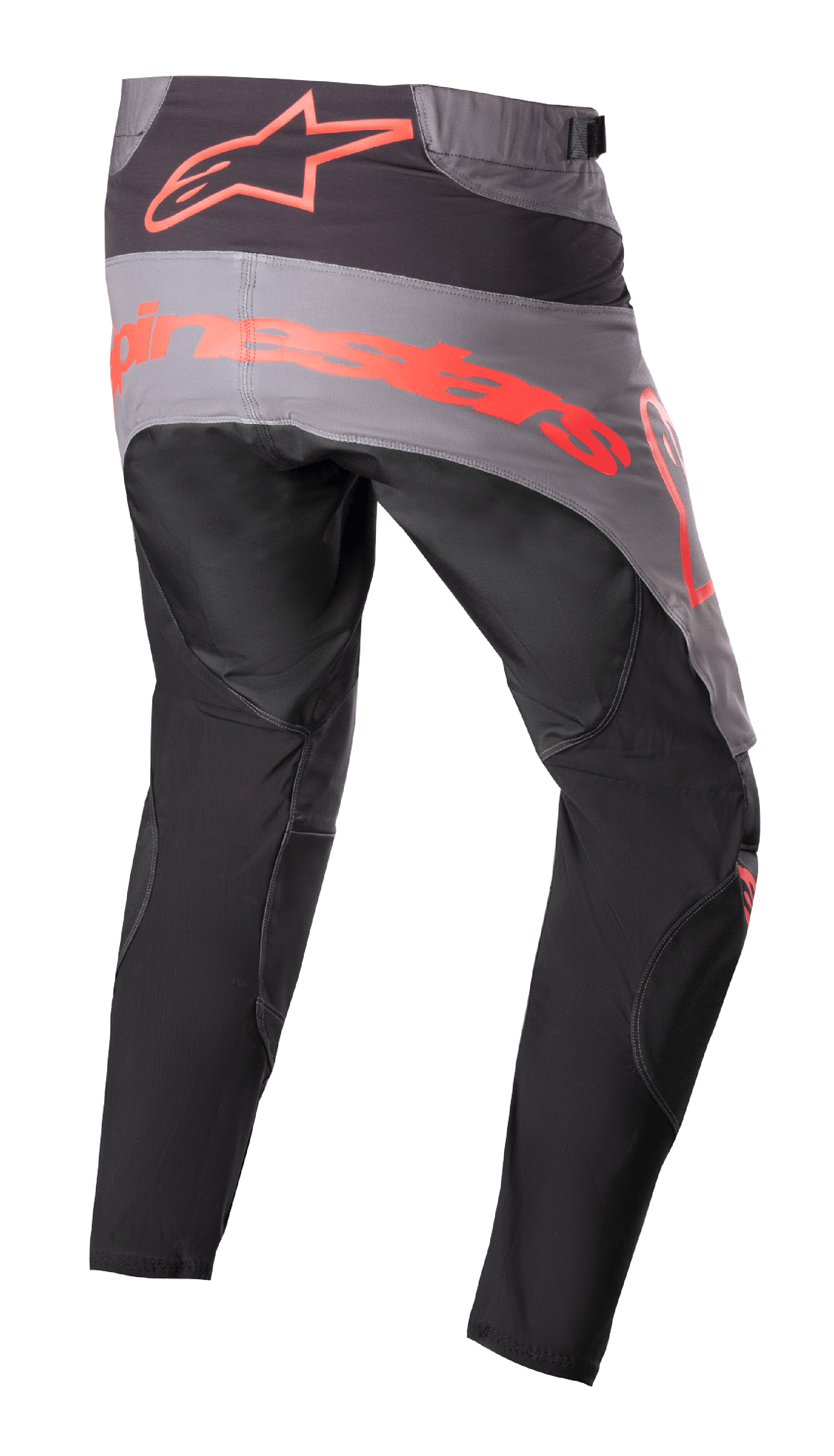 Alpinestars pantaloni Techstar Sein 2023, pantaloni da motocross, nero e rosso neon, vista posteriore con pannello della seduta grigio e grande marchio rosso neon, gambe pre-curvate ergonomiche, costruzione in tessuto resistente per prestazioni fuoristrada