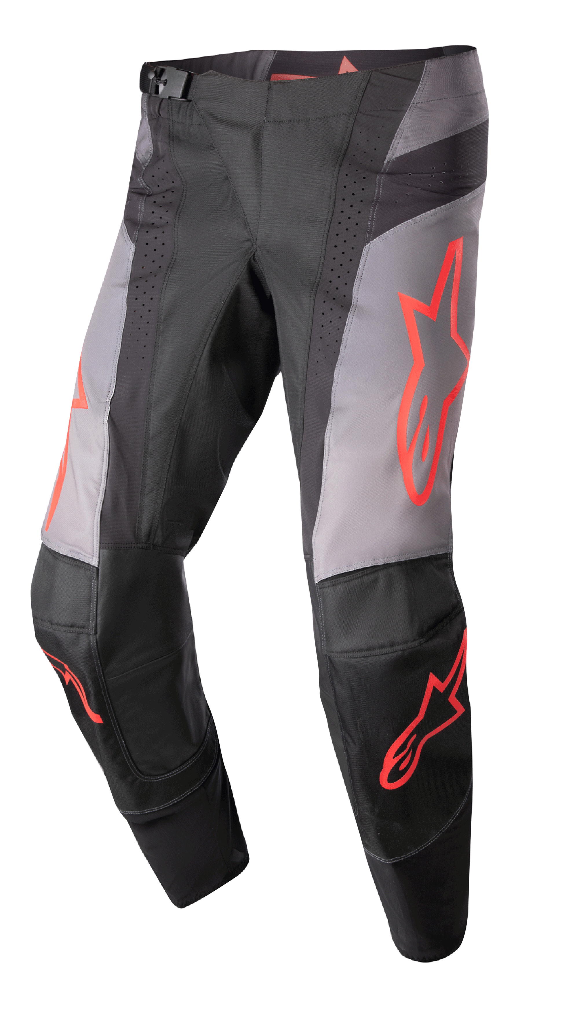 Alpinestars Pantaloni Techstar Sein 2023, pantaloni da gara motocross, nero e grigio con grafiche a stella rosso neon, con zone di ventilazione traforate, fibbia magnetica in vita e costruzione del ginocchio 3D Babel rinforzata per prestazioni off-road.