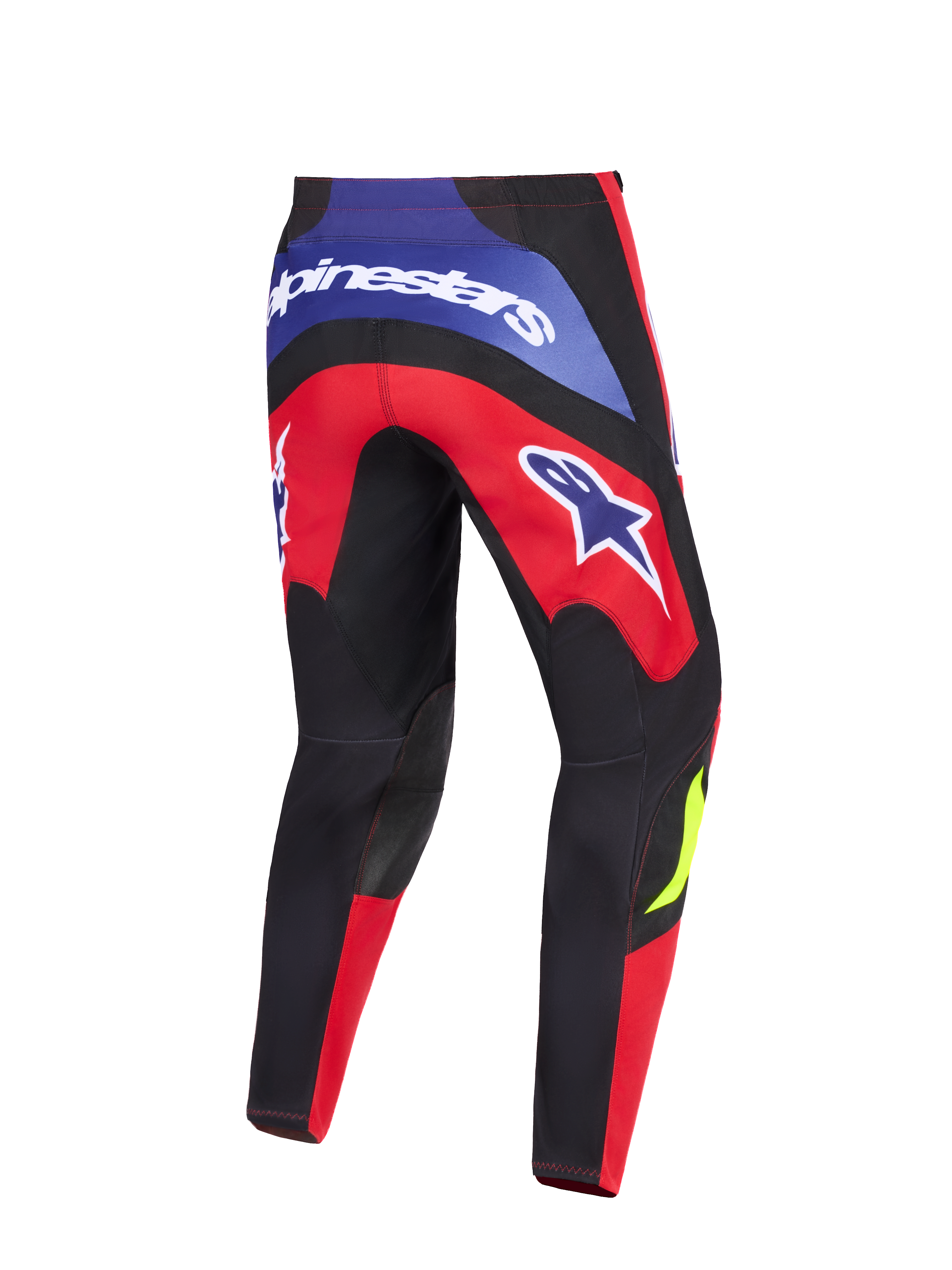 Alpinestars 2026 Fluid Grid Pants, pantaloni da motocross, rosso, nero e viola, vista posteriore con evidente branding Alpinestars sul carré posteriore e sulle cosce, pannelli neri rinforzati sulle ginocchia e design ergonomico sport-fit per la guida off-road