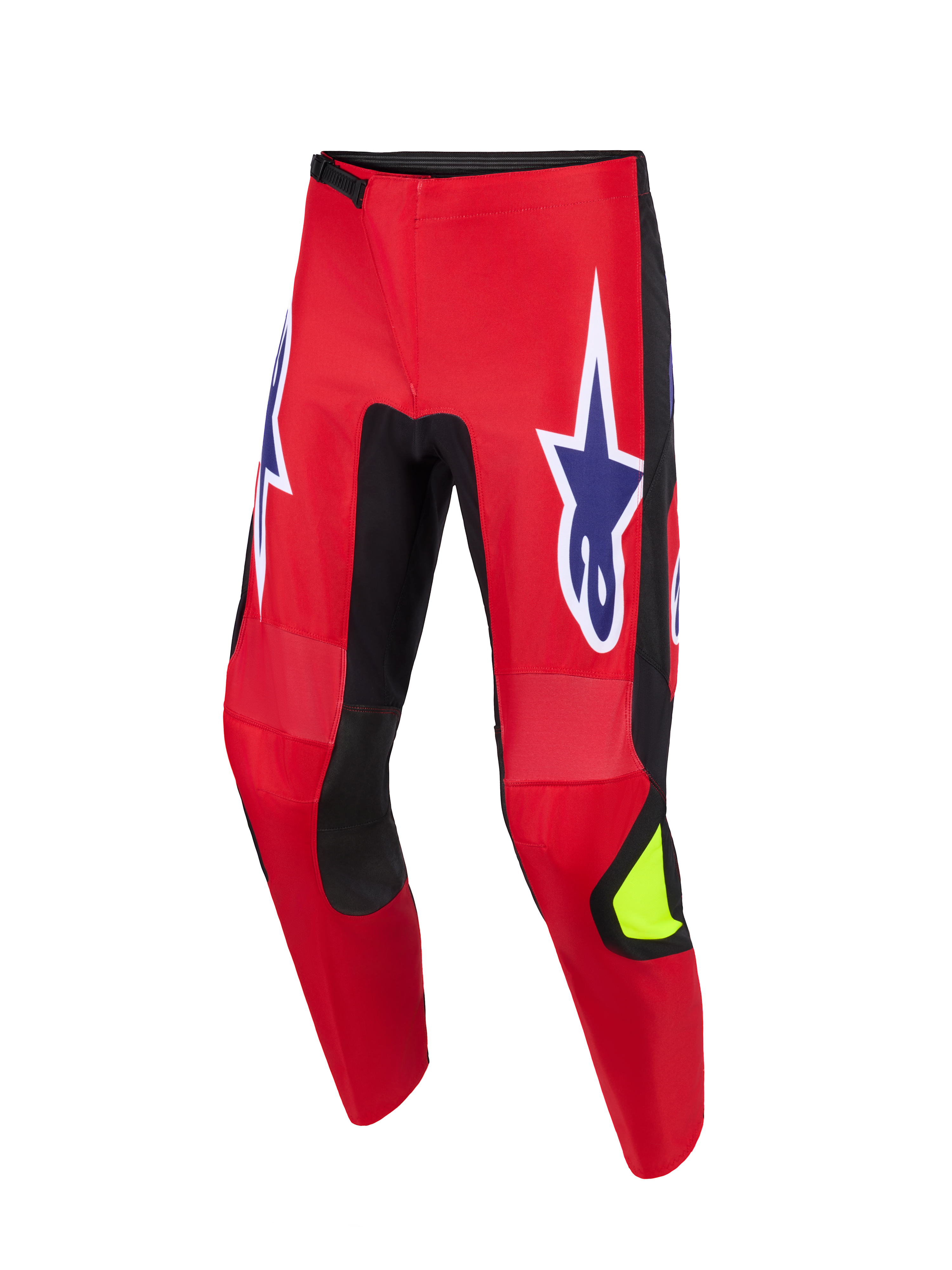 Alpinestars Pantaloni Fluid Grid 2026, pantaloni da motocross, rosso, nero e viola, grandi loghi a stella viola con profili bianchi sulle cosce, pannelli elasticizzati neri all'interno delle gambe, dettaglio giallo neon sullo stinco, struttura resistente per la guida fuoristrada