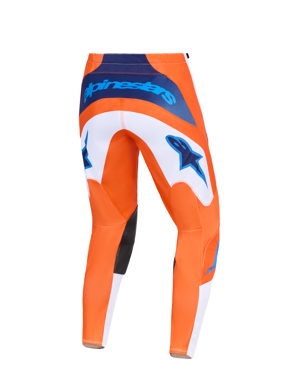 Alpinestars Pantaloni Fluid Grid 2026, pantaloni da motocross, arancione e blu UCLA, vista posteriore con pannelli bianchi e loghi a stella blu, marchio blu navy in vita e inserti neri all'interno del ginocchio, design resistente per corse fuoristrada