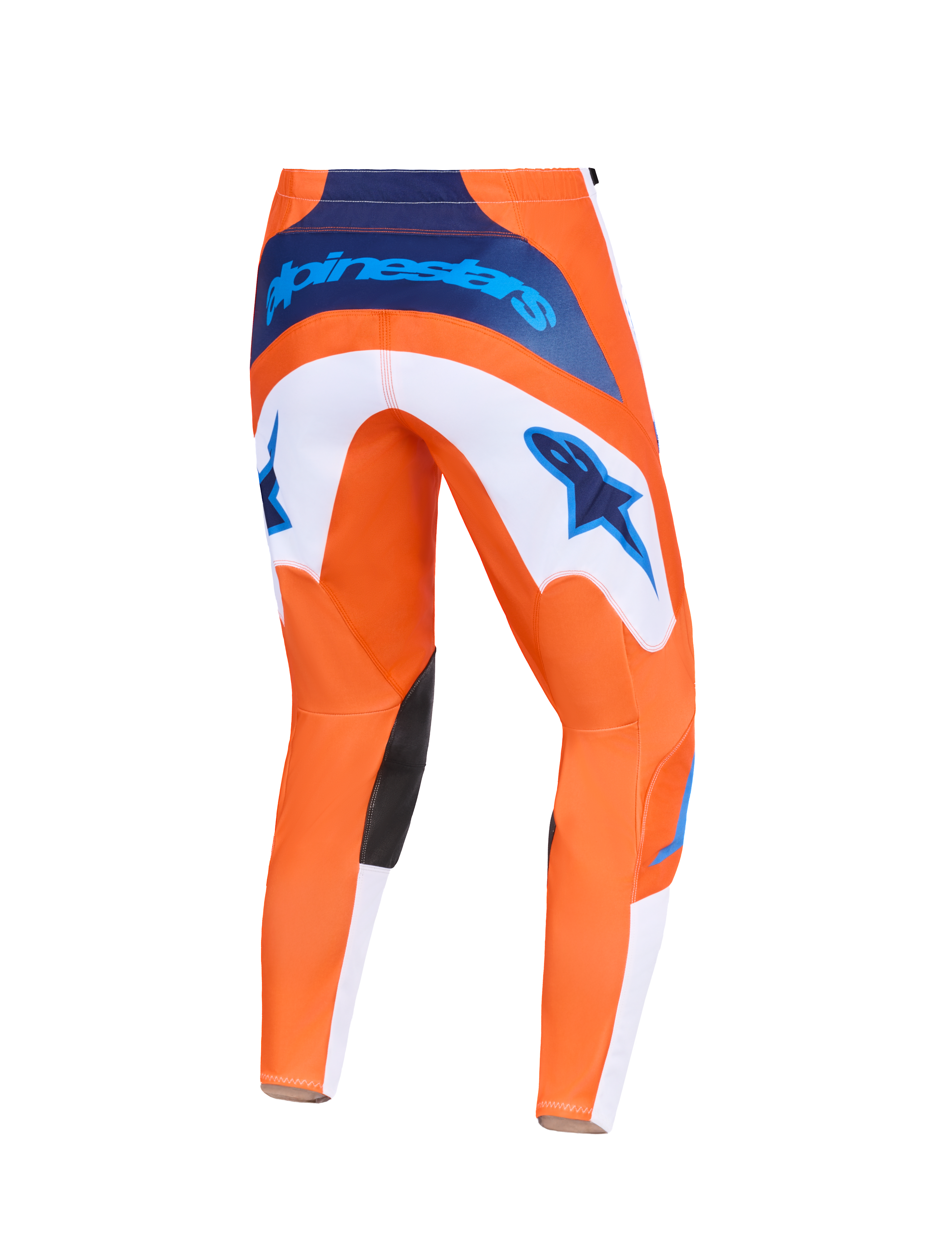 Alpinestars Pantaloni Fluid Grid 2026, pantaloni da motocross, arancione e blu UCLA, vista posteriore con pannelli bianchi e loghi a stella blu, marchio blu navy in vita e inserti neri all'interno del ginocchio, design resistente per corse fuoristrada