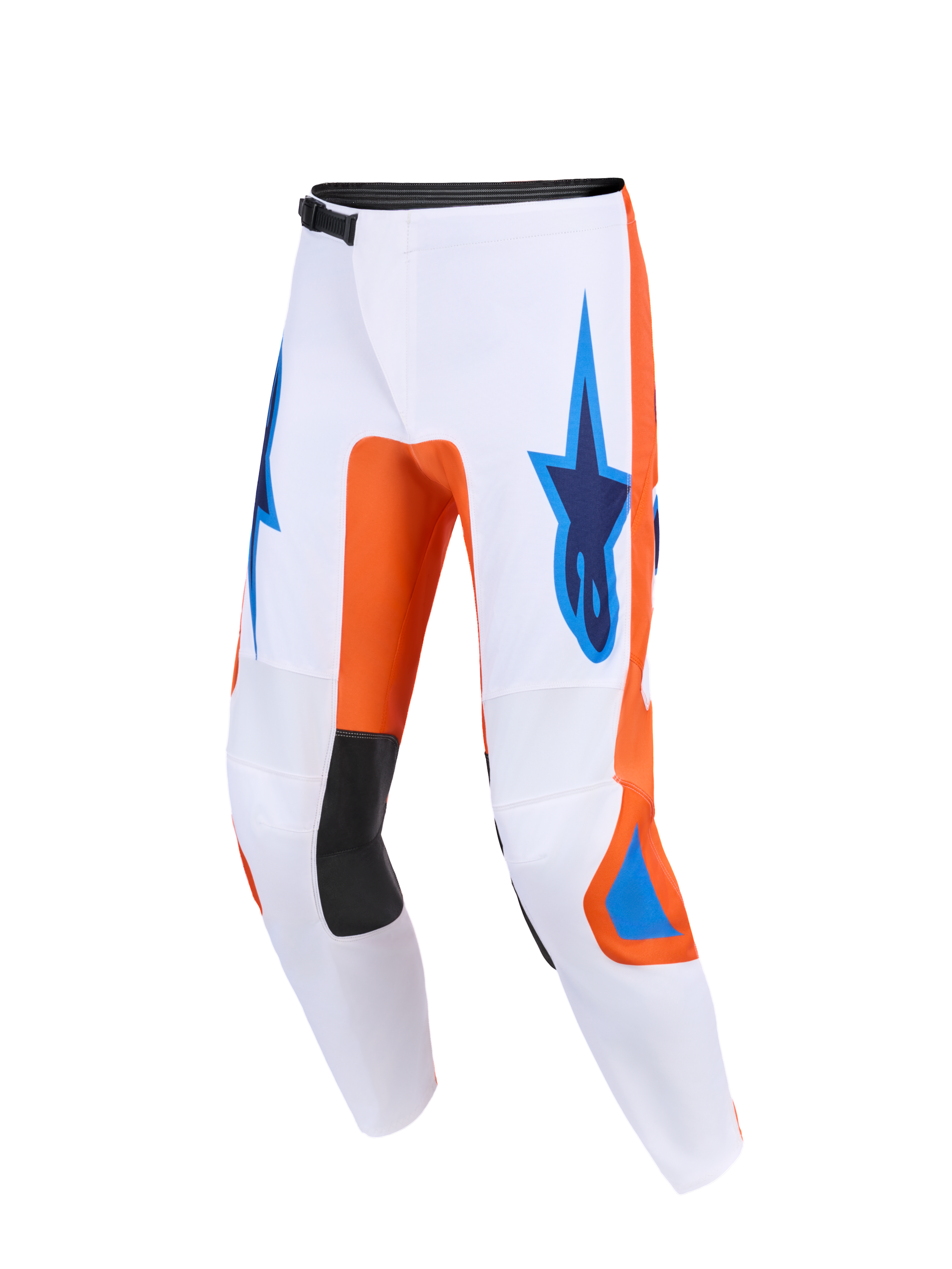 Alpinestars 2026 Fluid Grid Pants, pantaloni da motocross, bianco con dettagli arancioni e blu UCLA, loghi Astars blu sulle cosce, inserti neri all'interno del ginocchio e design ergonomico per prestazioni off-road.