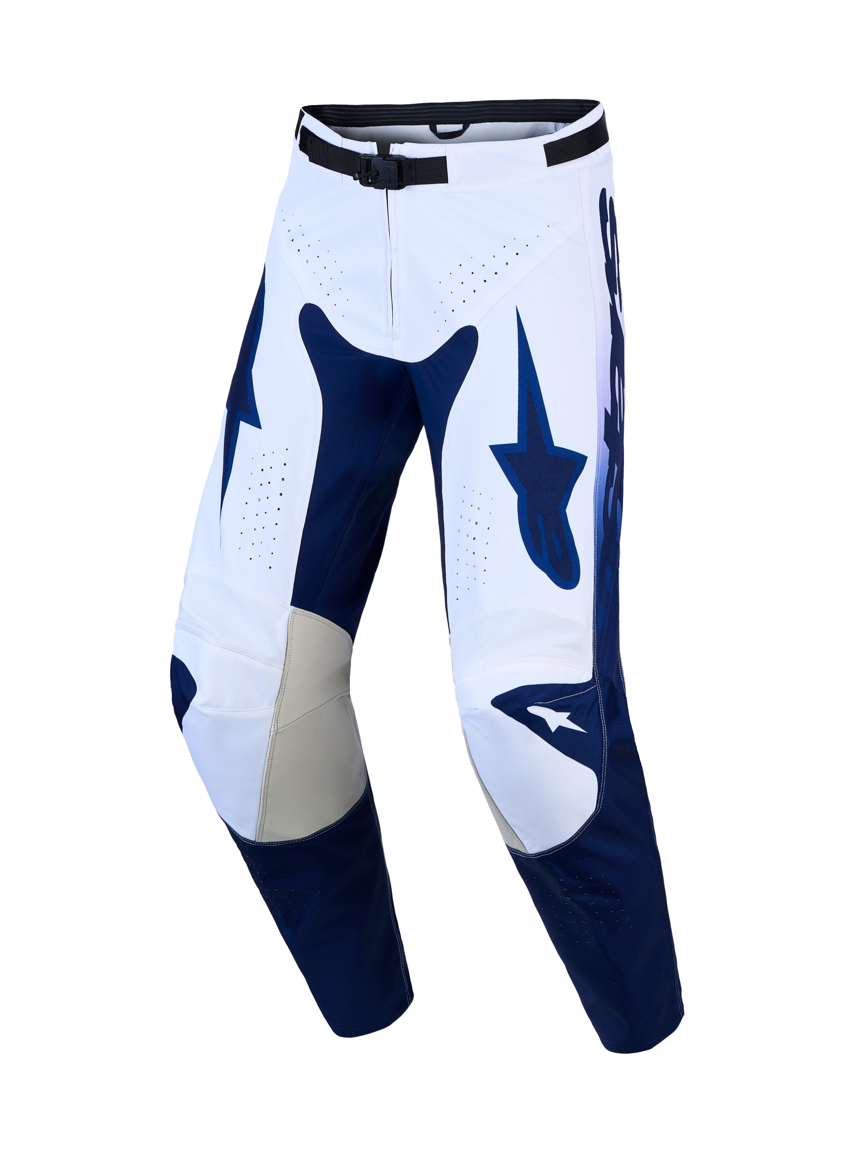 Alpinestars pantaloni Racer Air Amber da motocross da uomo blu navy e bianchi traforati con rinforzi in pelle.