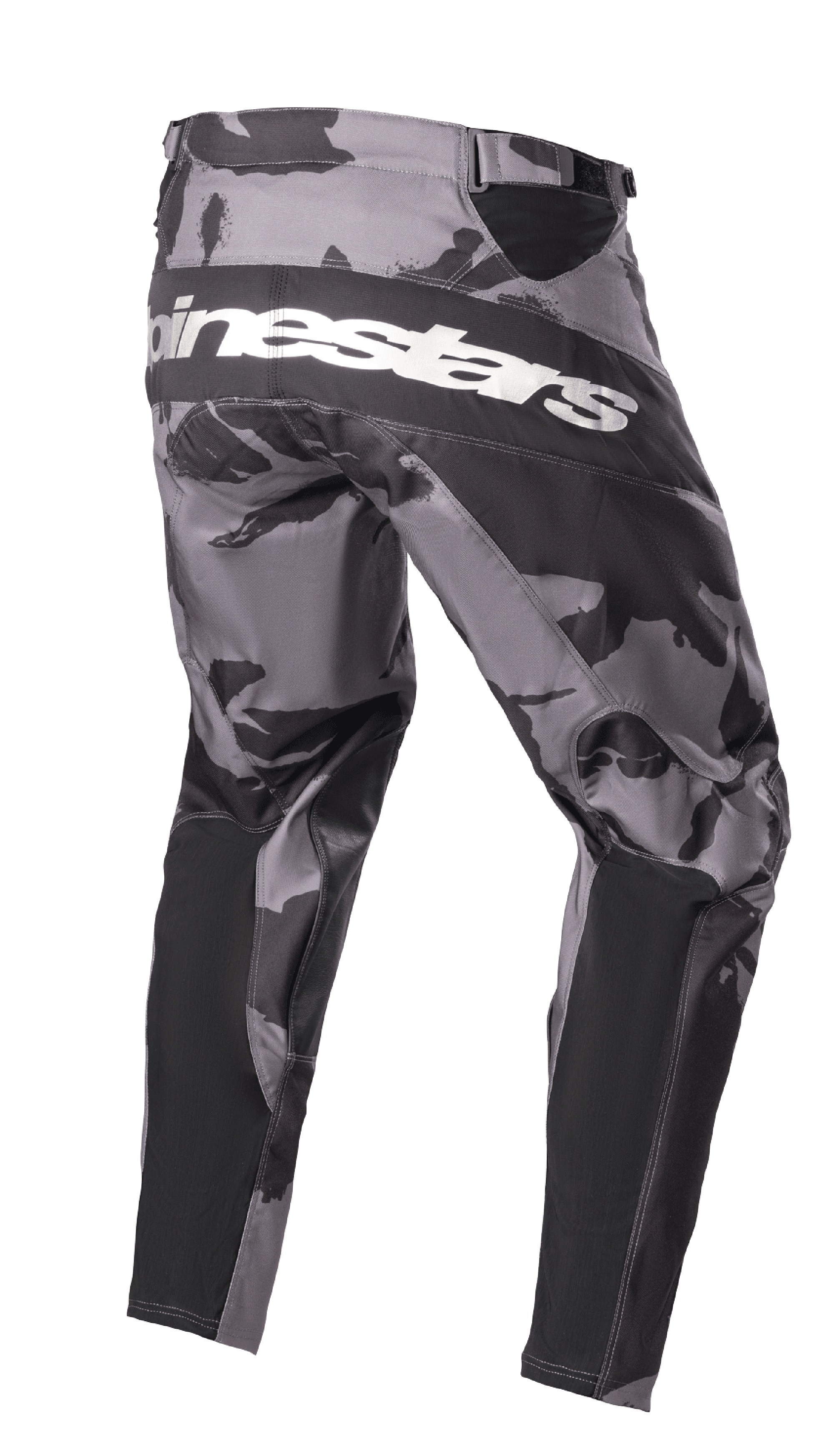 Pantaloni Alpinestars Racer Tactical 2023, pantaloni da motocross, mimetico Iron Camo grigio e nero, vista posteriore con logo Alpinestars bianco sulla seduta, pannelli rinforzati neri e zone elasticizzate tecniche per la guida fuoristrada.