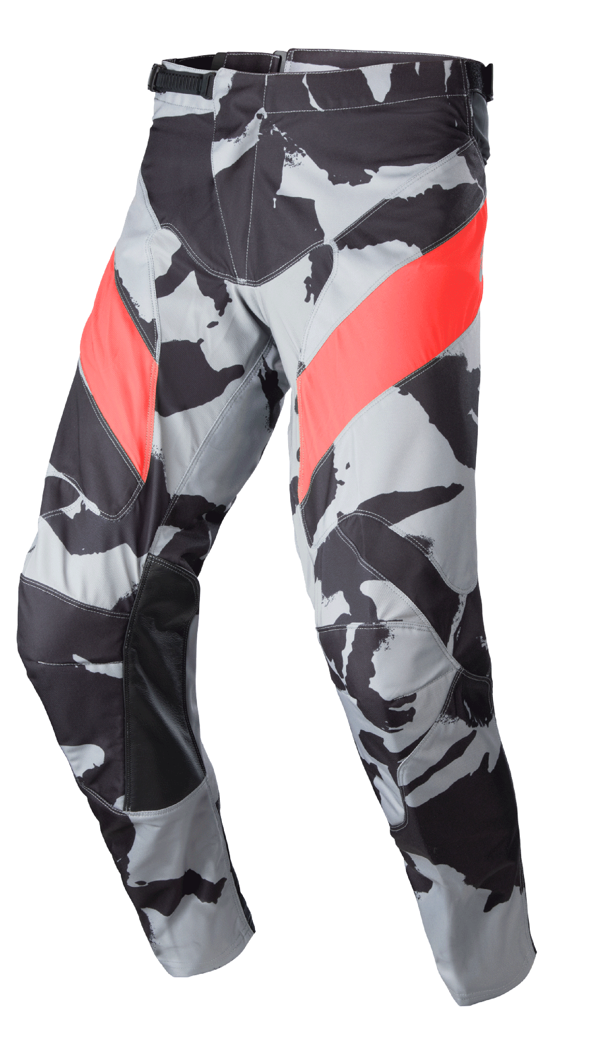 Alpinestars 2023 Racer Tactical Pants, pantaloni da motocross fuoristrada, pattern mimetico grigio e nero con accenti diagonali rosso Marte, pannelli interno gamba rinforzati in pelle, chiusura della vita a cricchetto, design ergonomico pre-curvato per guida fuoristrada