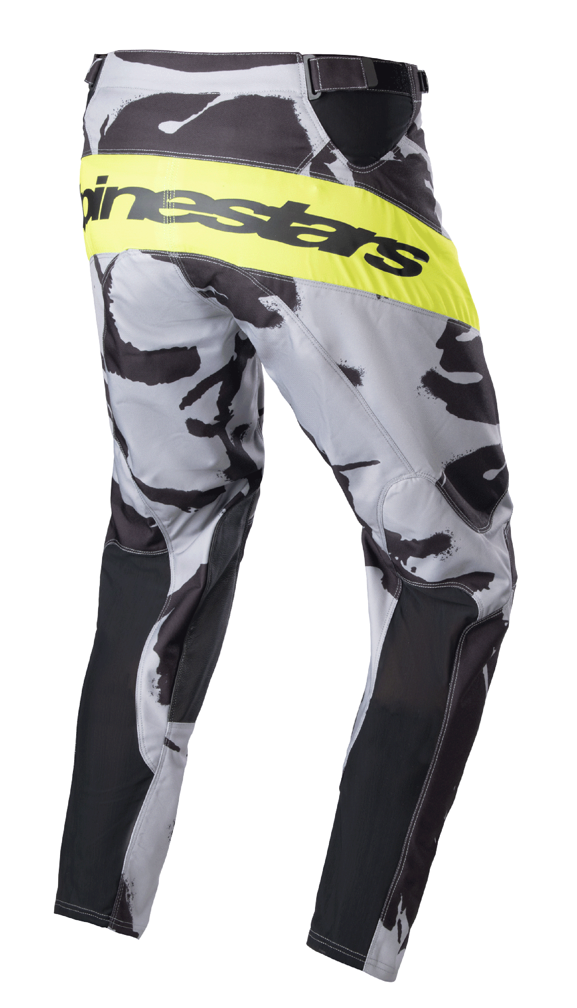 Alpinestars Pantaloni Racer Tactical 2023, pantaloni da motocross, Grigio Camo e Giallo Fluo, vista posteriore-laterale con fascia giallo fluorescente e logo Alpinestars nero, motivo mimetico con pannelli neri sull'interno gamba, abbigliamento tecnico da fuoristrada