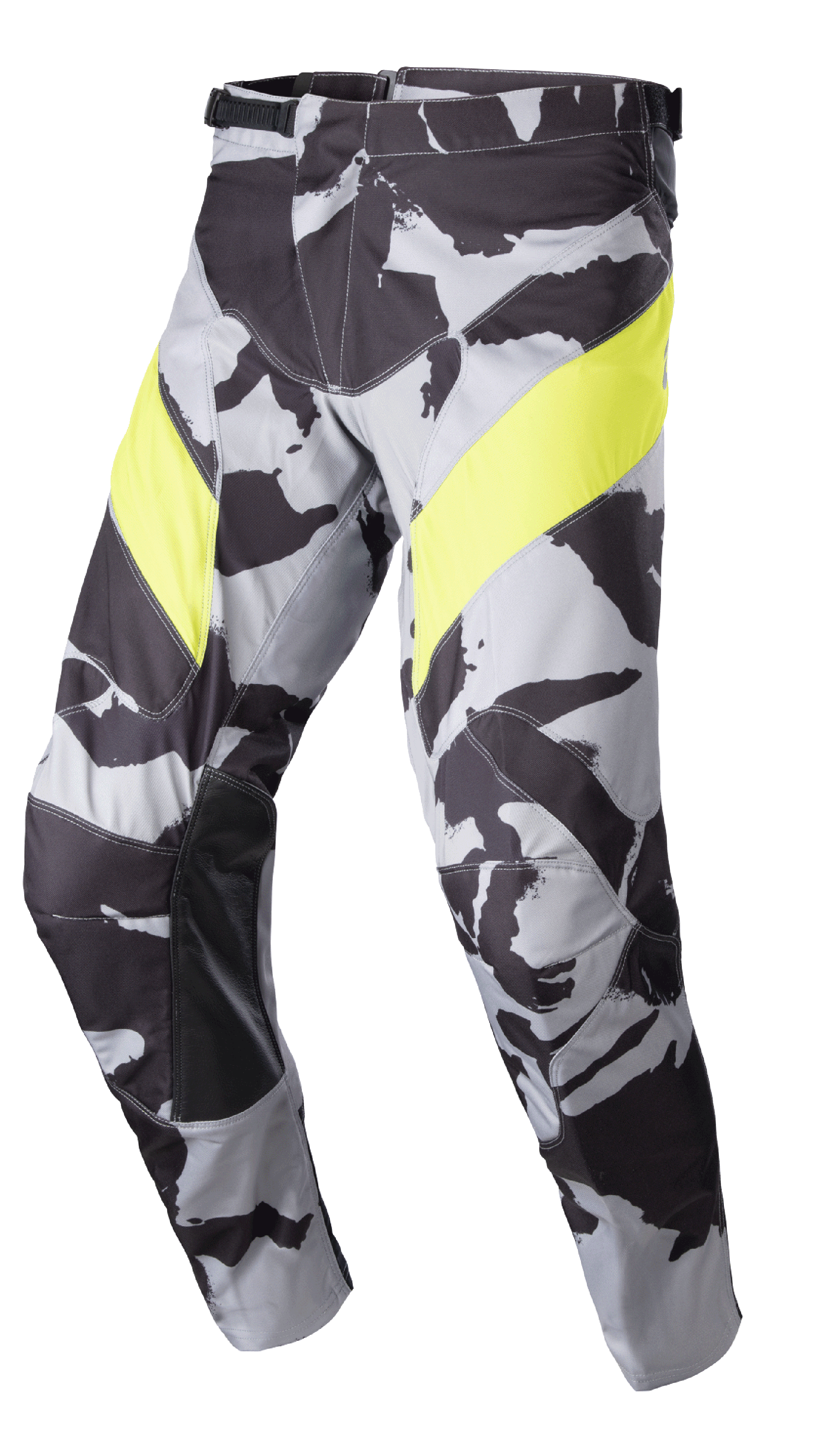 Alpinestars 2023 Racer Tactical Pants, pantaloni da motocross, Cast Gray Camo e Giallo Fluo, con motivo mimetico grigio, vivaci pannelli gialli sulle cosce, rinforzi interni in pelle nera sulle ginocchia e chiusura a cricchetto in vita per corse fuoristrada.