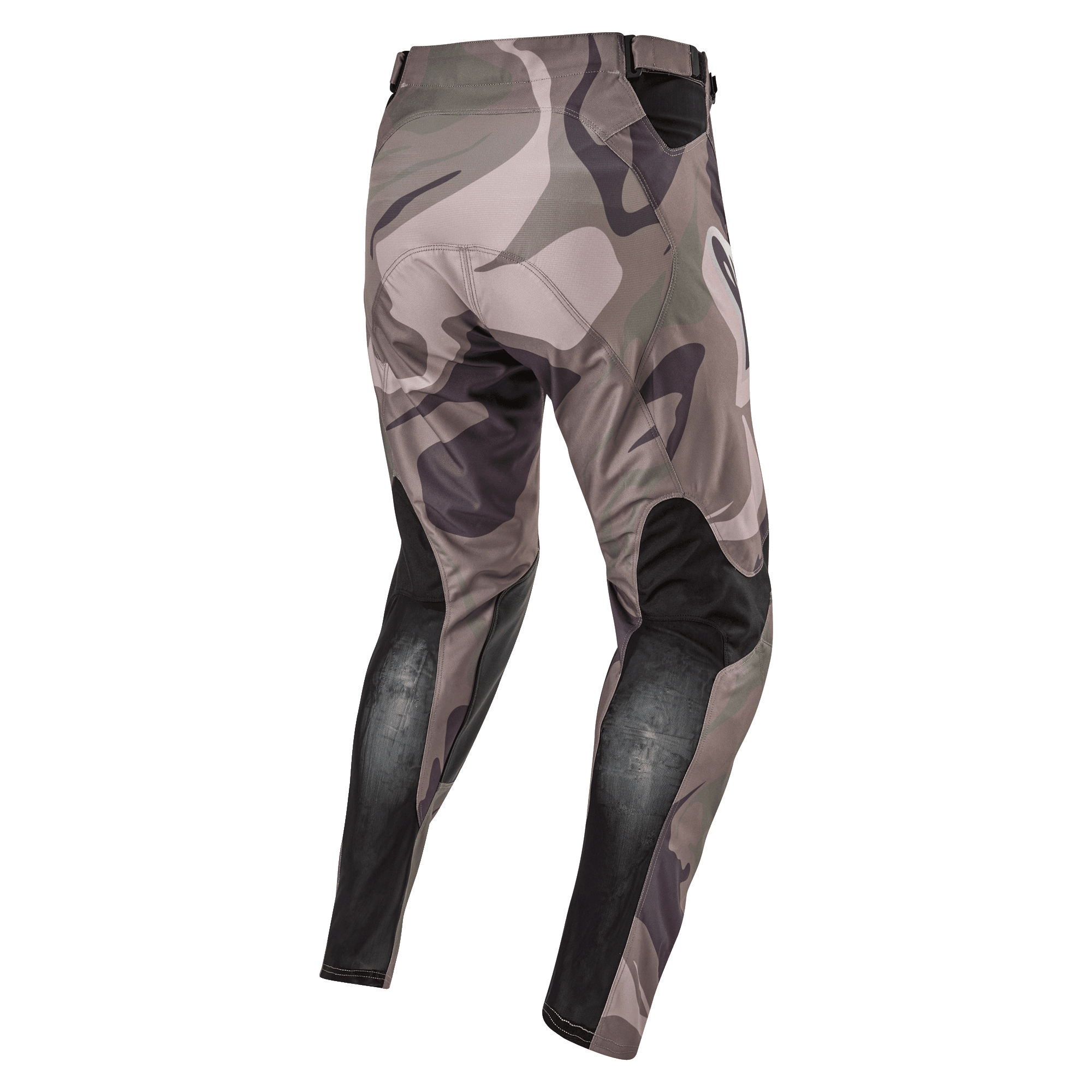 Alpinestars Pantaloni Racer Tactical 2024, pantaloni da motocross, mimetico verde militare e marrone, vista posteriore con pannelli elasticizzati neri traspiranti sulla parte inferiore delle gambe e design camouflage, tessuto resistente per gare fuoristrada