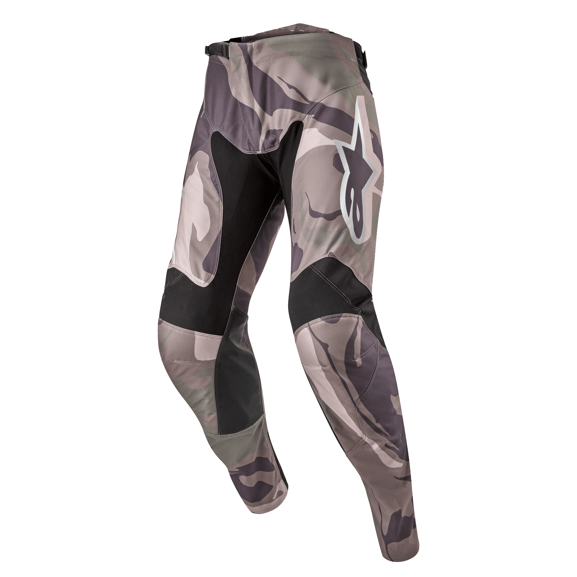 Pantaloni Alpinestars Racer Tactical 2024, pantaloni da motocross, motivo mimetico Military Green Camo Brown, con pannelli elasticizzati neri su interno coscia e ginocchia, logo Alpinestars bianco sulla coscia, design ergonomico pre-curvato per gare off-road