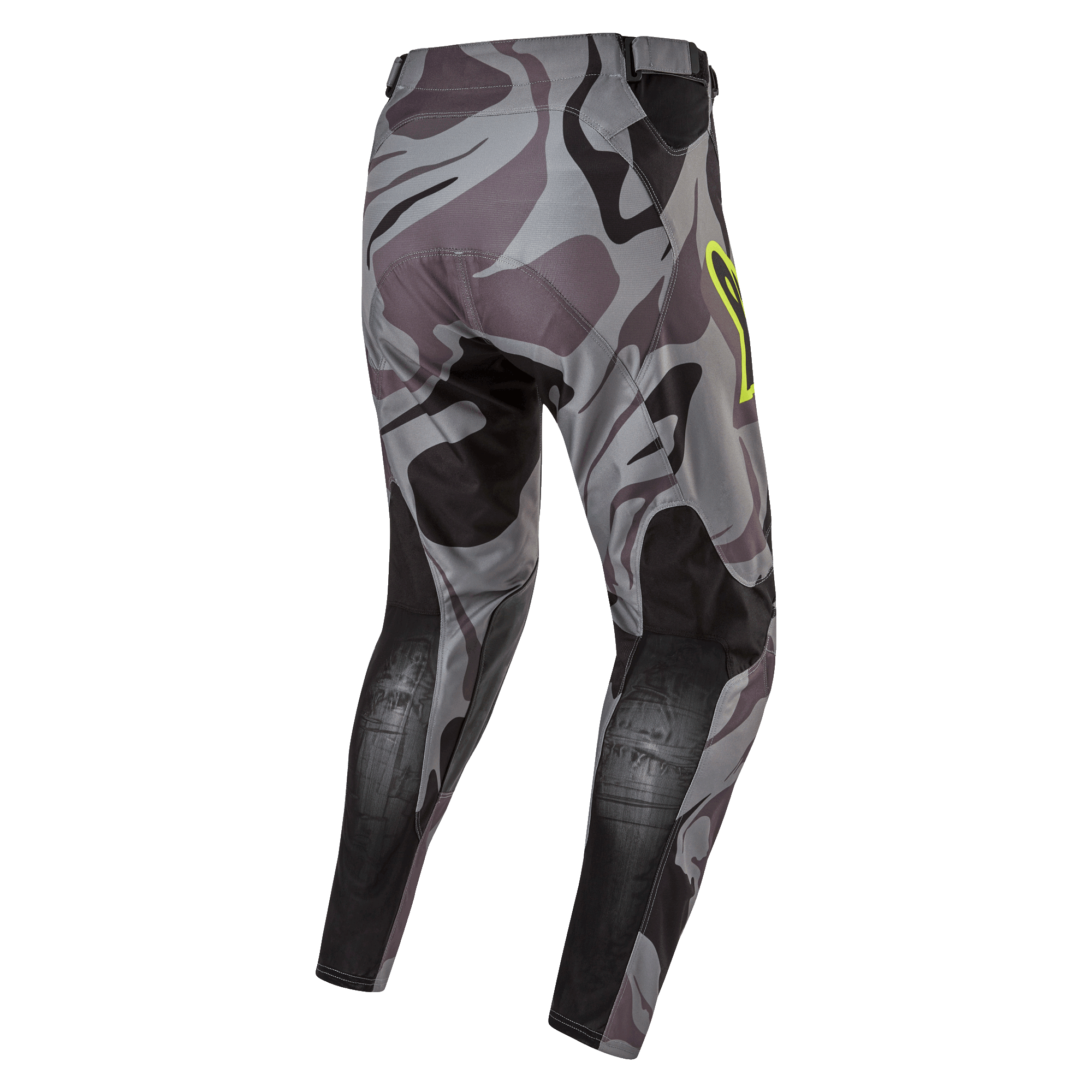 Alpinestars 2024 Racer Tactical Pants, pantaloni da motocross, Cast Gray Camo Magnet, vista posteriore con motivo mimetico grigio e pannelli rinforzati neri, dettaglio logo giallo sul fianco, materiale tecnico rip-stop per gare fuoristrada