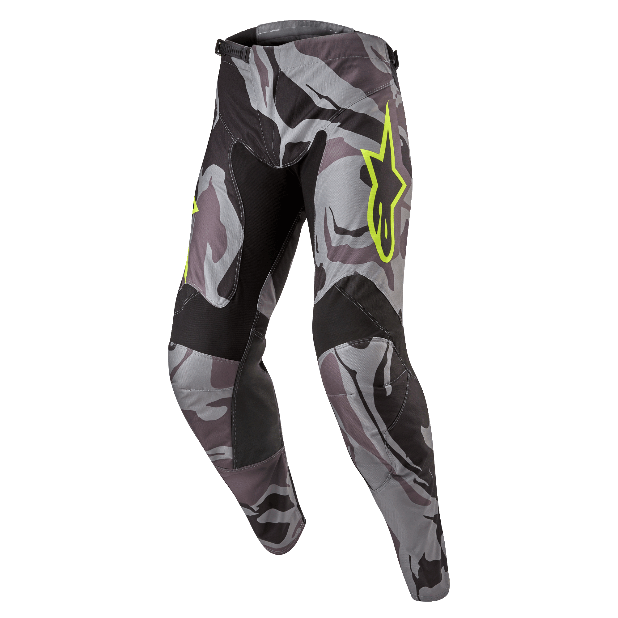 Alpinestars Pantaloni Racer Tactical 2024, pantaloni da motocross, Cast Gray Camo Magnet, motivo mimetico grigio e nero con logo Alpinestars giallo neon, pannelli neri su interno coscia e ginocchia, vestibilità sportiva pre-curvata per corse fuoristrada