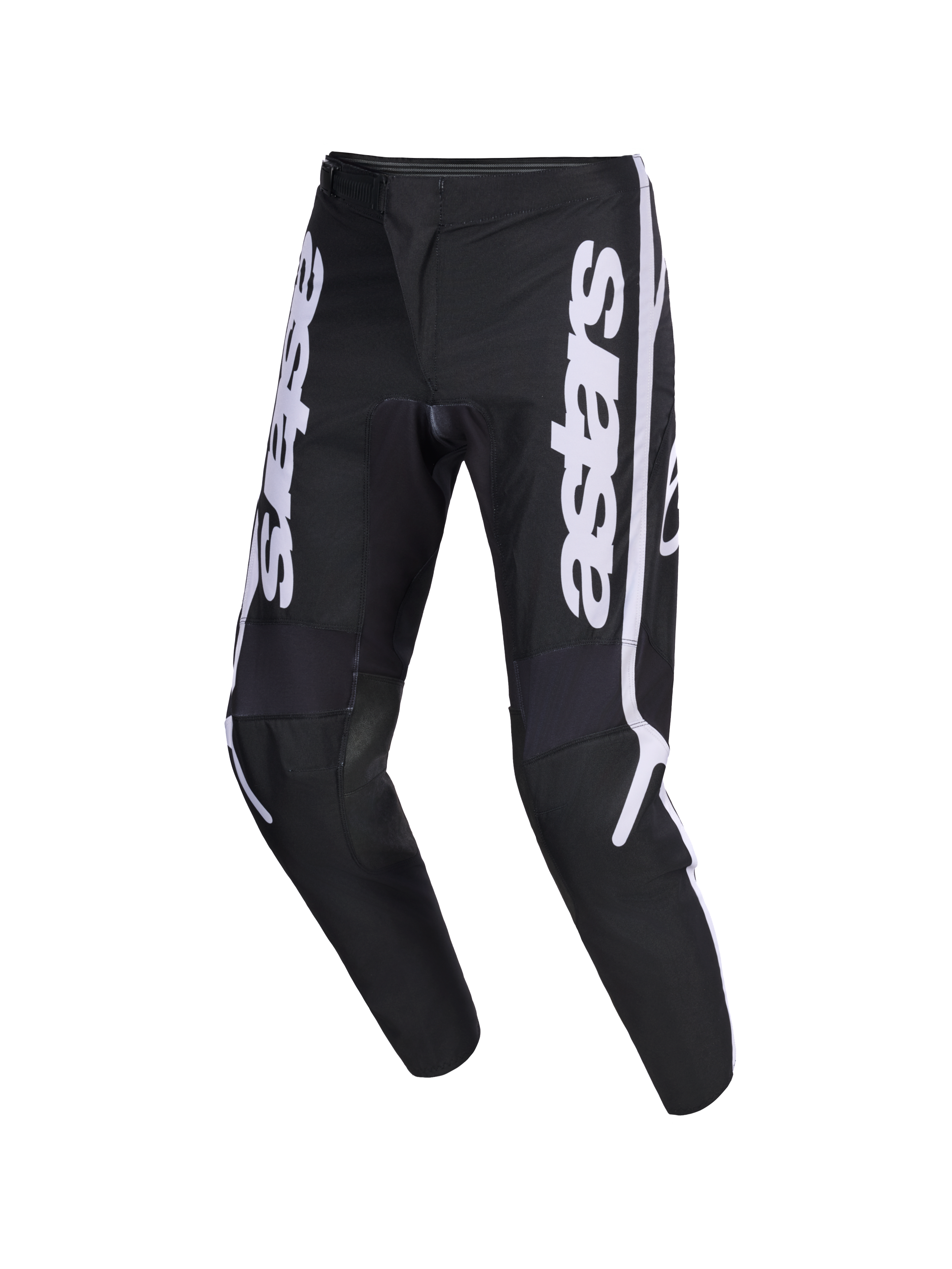 Alpinestars Pantaloni Fluid Apex 2026, pantaloni da motocross, nero e grigio con logo astars verticale bianco sulle gambe, design ergonomico sport-fit pre-curvato, robusta costruzione in poliestere 600D per la guida fuoristrada