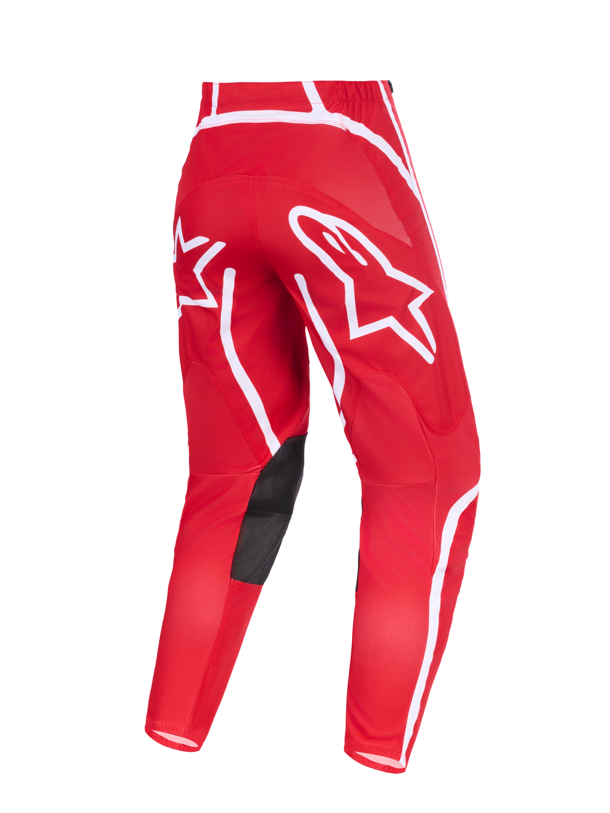 Alpinestars 2026 Fluid Apex Pants, pantaloni da motocross, rosso e bianco, vista posteriore con grandi loghi a stella bianchi sulla seduta, inserti interni alle ginocchia in pelle sintetica nera, design ergonomico pre-curvato per guida off-road