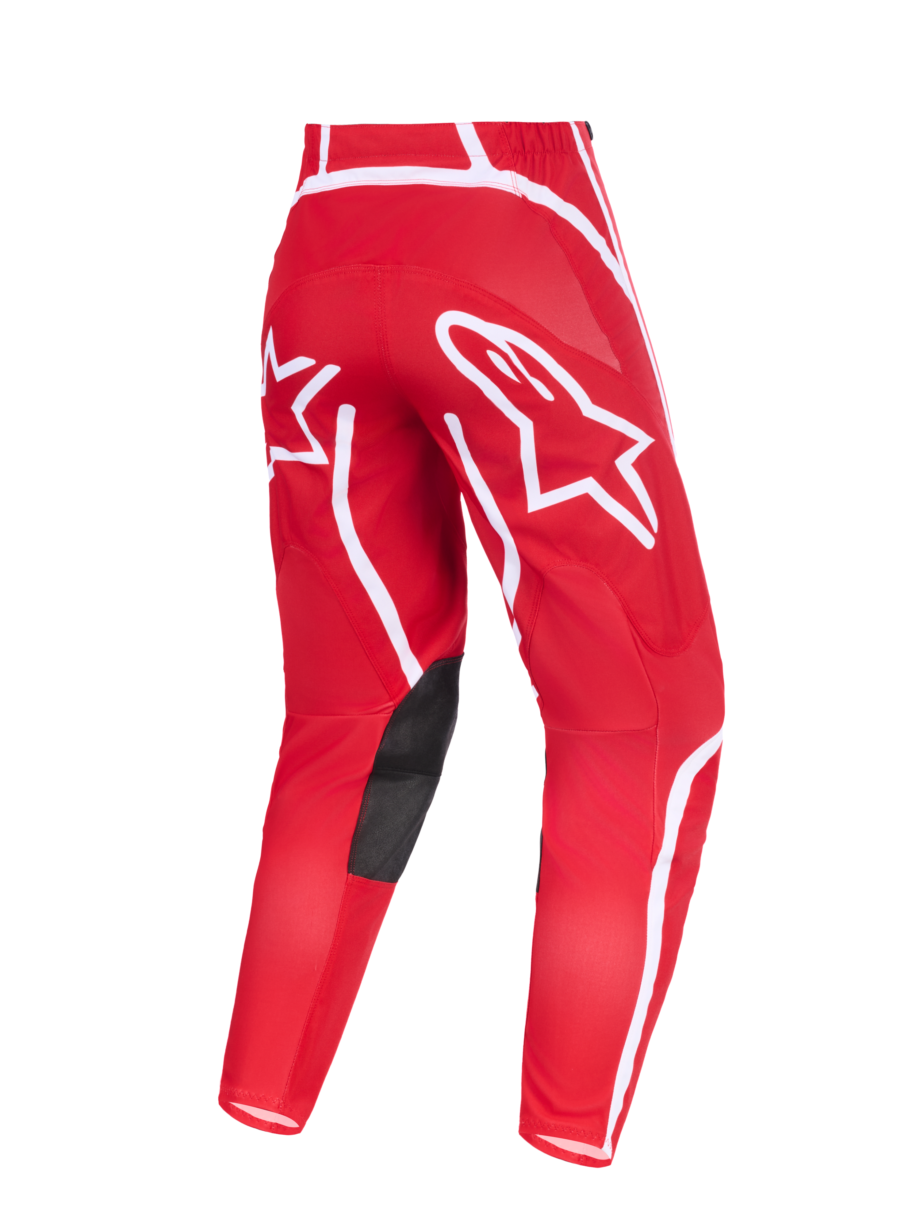 Alpinestars 2026 Fluid Apex Pants, pantaloni da motocross, rosso e bianco, vista posteriore con grandi loghi a stella bianchi sulla seduta, inserti interni alle ginocchia in pelle sintetica nera, design ergonomico pre-curvato per guida off-road