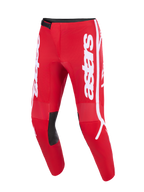 Alpinestars Pantaloni Fluid Apex 2026, pantaloni da motocross, rosso e bianco, con vistoso logo bianco sulle gambe, pannelli interni neri sulle ginocchia per il grip e design ergonomico pre-curvato per la guida off-road.
