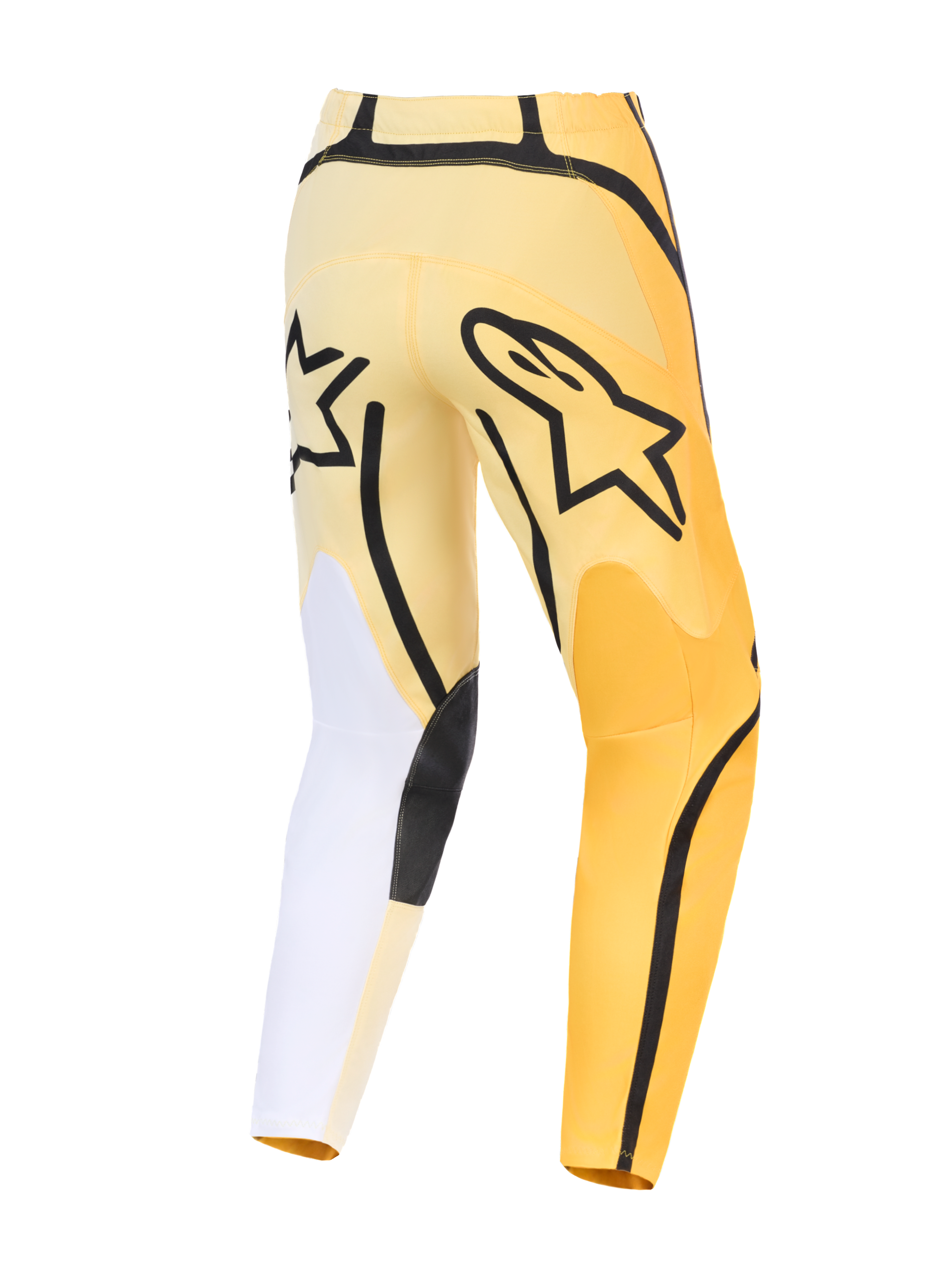 Alpinestars 2026 Fluid Apex Pants, pantaloni da motocross, giallo e nero con accenti bianchi, vista posteriore con logo Astars nero, design asimmetrico con pannelli rinforzati e vestibilità pre-curvata