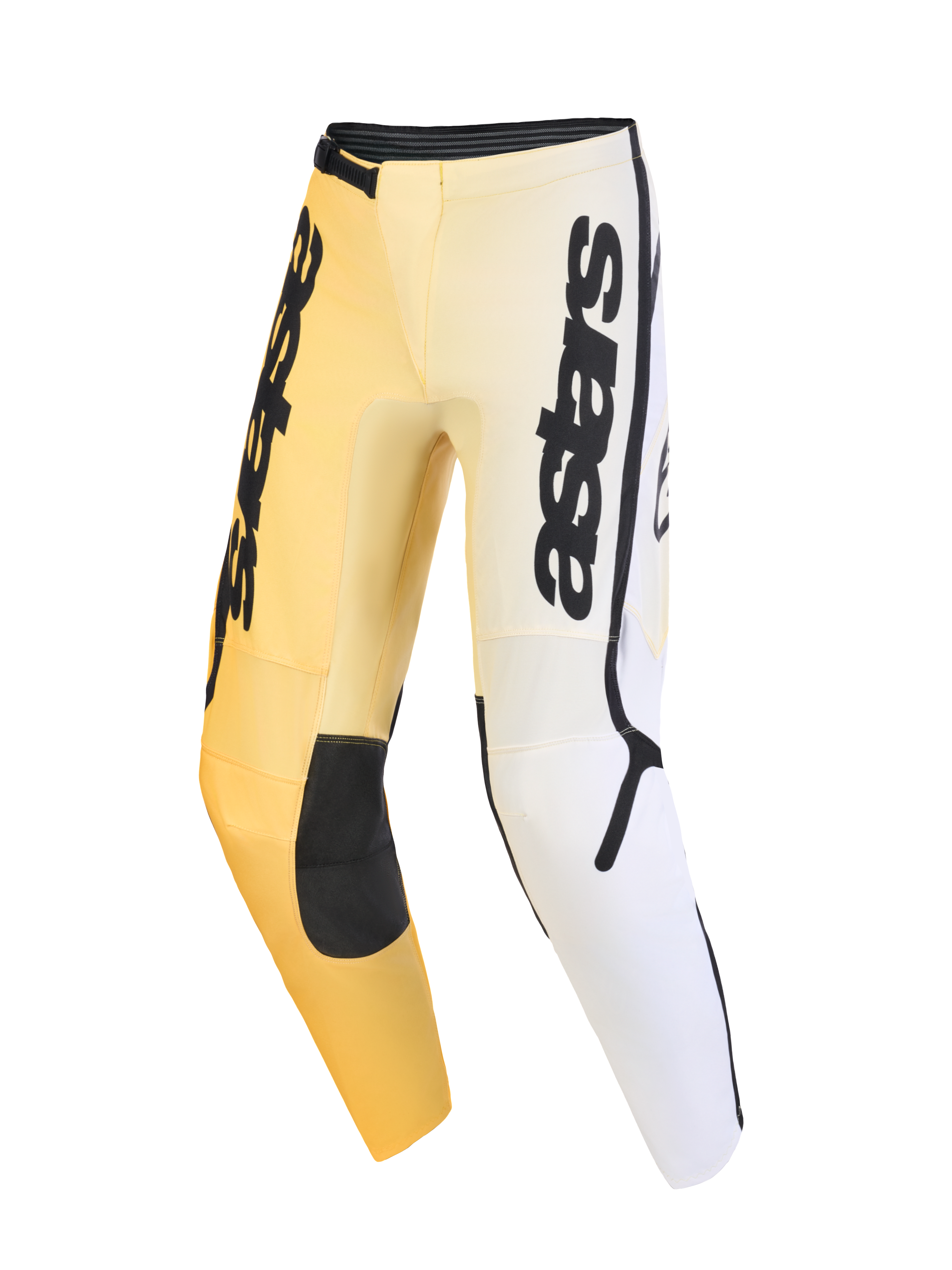 Alpinestars 2026 Fluid Apex Pants, pantaloni da motocross, giallo, bianco e nero, con design sfumato, logo astars verticale sulle cosce, pannelli rinforzati neri sulle ginocchia e design ergonomico pre-curvato per prestazioni off-road.