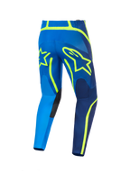 Alpinestars Pantaloni Fluid Apex 2026, pantaloni da motocross, blu e giallo fluo, vista posteriore con grandi profili del logo a stella gialli, pannelli rinforzati all'interno delle ginocchia e costruzione in poli-tessuto resistente per il fuoristrada