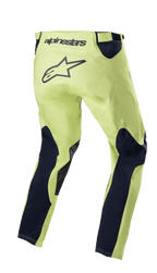 Alpinestars 2023 Racer Hoen Pants, pantaloni da motocross, verde fluorite e blu notte, vista posteriore con telaio verde neon e pannelli delle gambe blu notte, grande logo a stella nero sulla zona della seduta, design ergonomico pre-curvato per corse fuoristrada