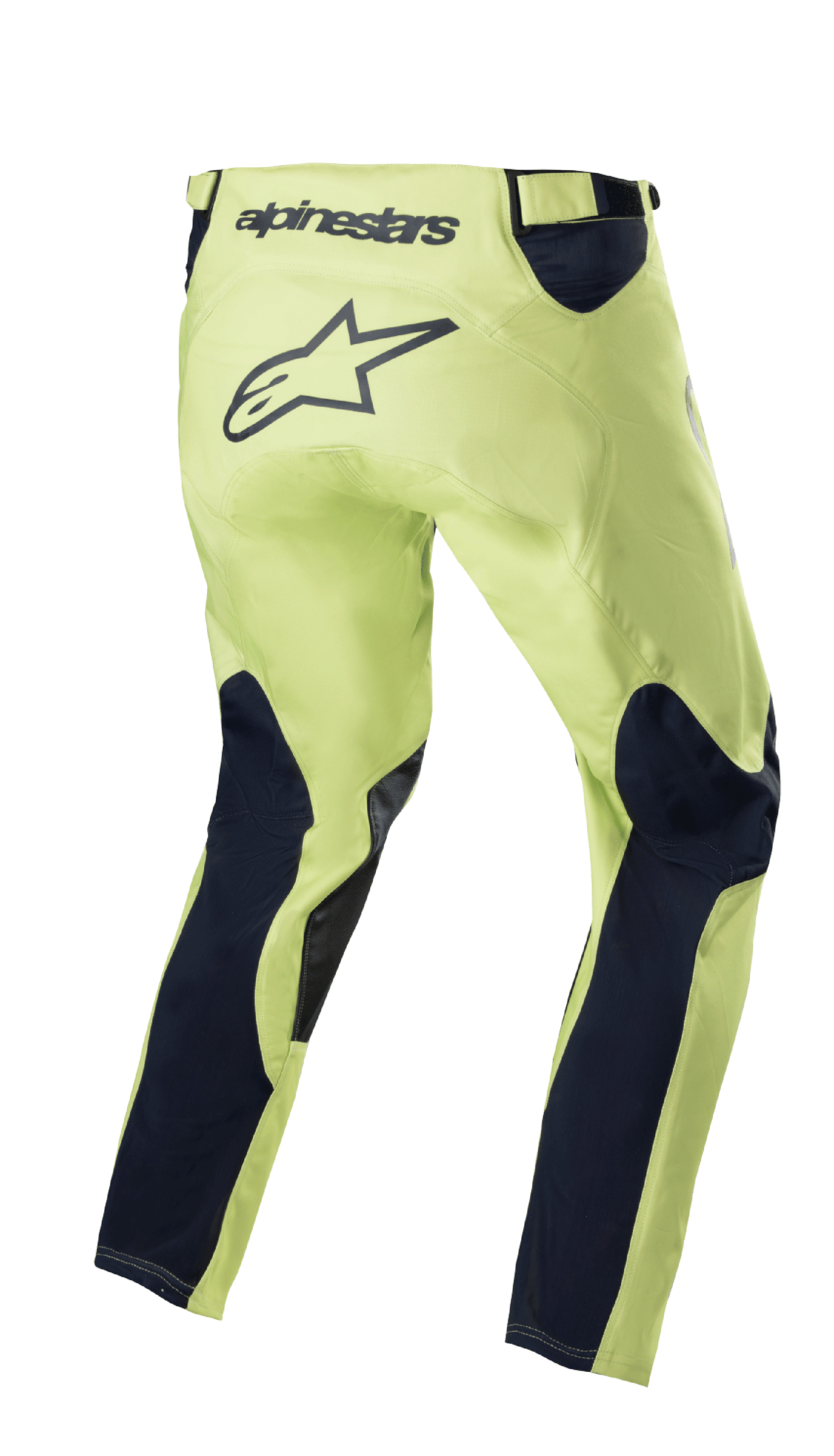 Alpinestars 2023 Racer Hoen Pants, pantaloni da motocross, verde fluorite e blu notte, vista posteriore con telaio verde neon e pannelli delle gambe blu notte, grande logo a stella nero sulla zona della seduta, design ergonomico pre-curvato per corse fuoristrada