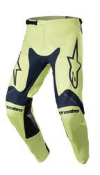 Alpinestars pantaloni Racer Hoen 2023, pantaloni da motocross, blu notte e verde fluorite, con grandi loghi a stella sulle cosce, inserti in pelle nera all'interno gamba, costruzione ergonomica pre-curvata e chiusura a cricchetto regolabile in vita.
