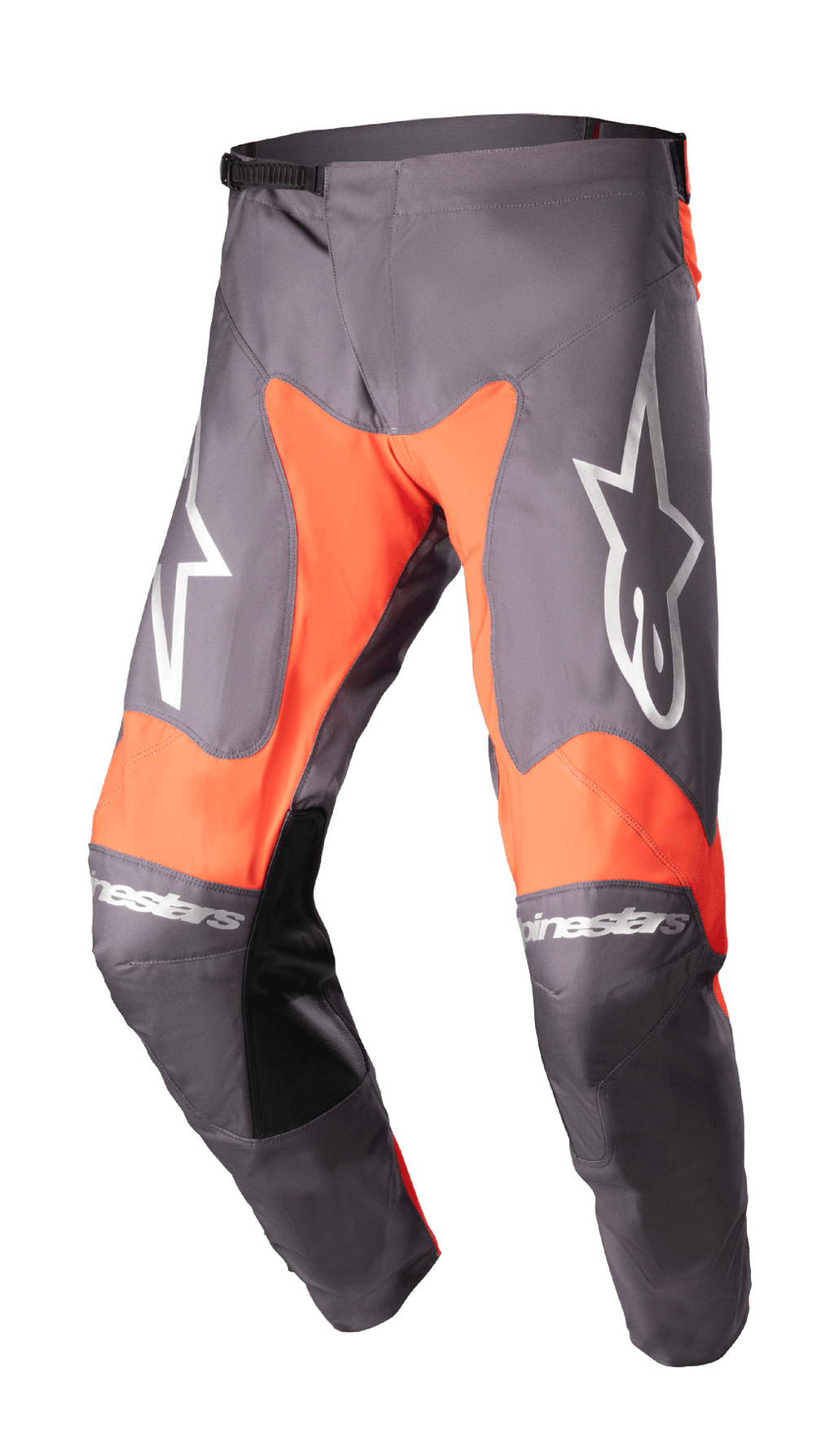 Alpinestars 2023 Racer Hoen Pants, pantaloni da motocross, grigio magnete e arancione acceso, grandi loghi a stella bianchi sulle cosce, pannelli interni al ginocchio in pelle nera, regolazione della vita a cricchetto, costruzione resistente per gare off-road