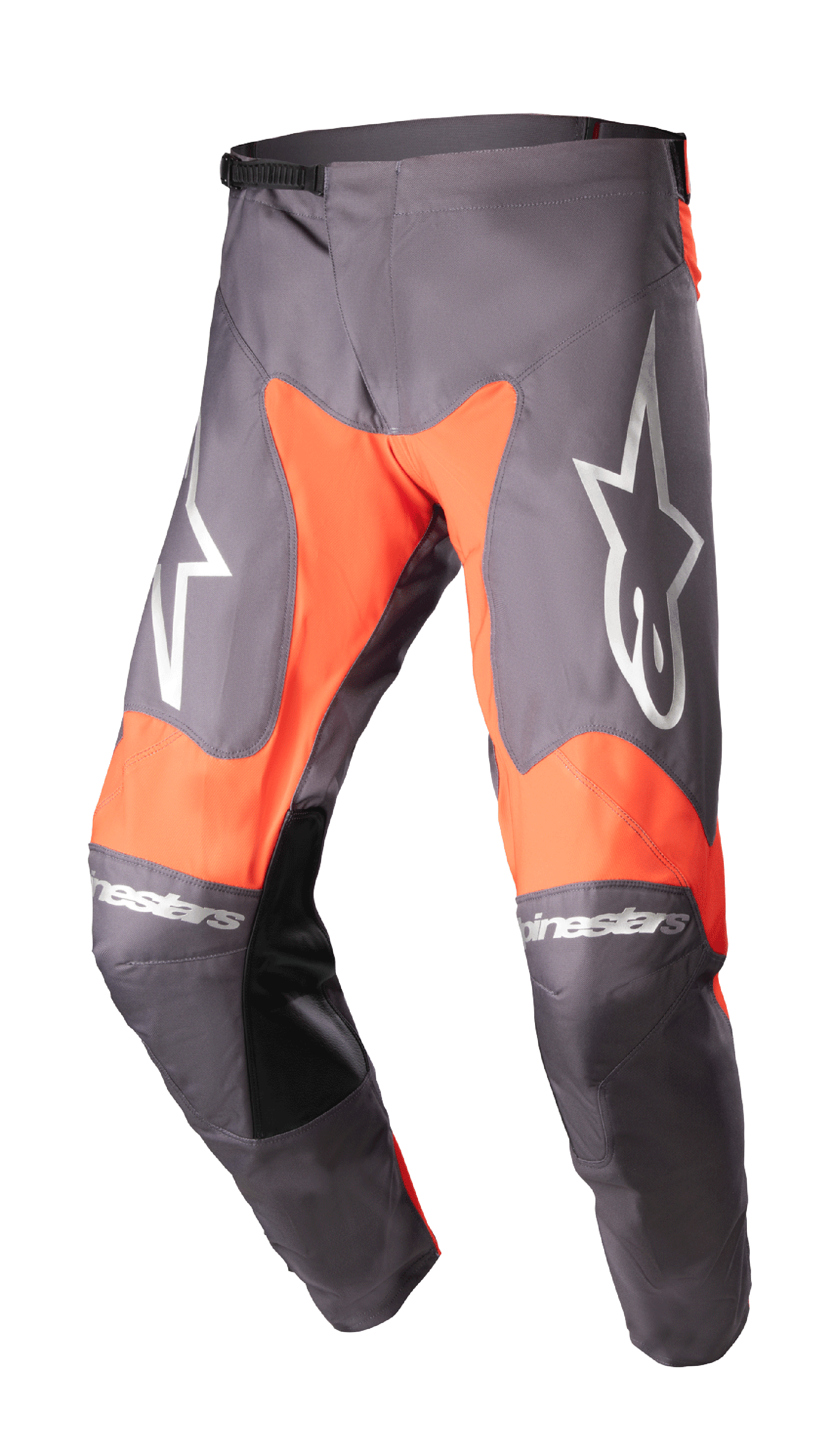 Alpinestars 2023 Racer Hoen Pants, pantaloni da motocross, grigio magnete e arancione acceso, grandi loghi a stella bianchi sulle cosce, pannelli interni al ginocchio in pelle nera, regolazione della vita a cricchetto, costruzione resistente per gare off-road