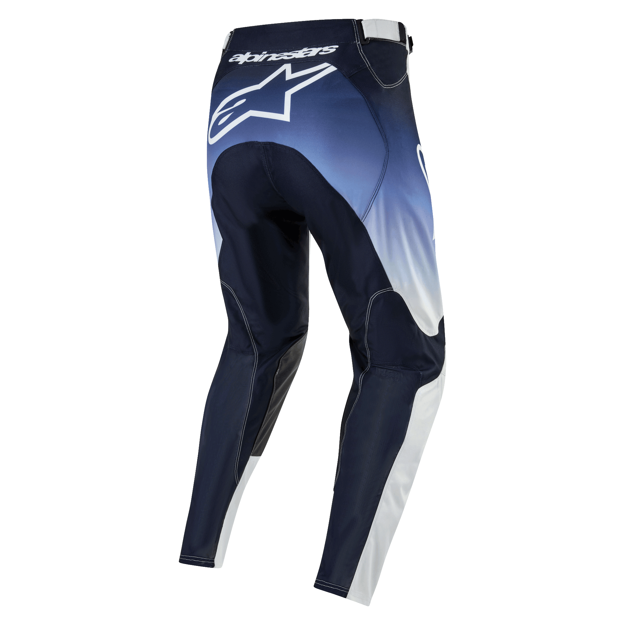 Alpinestars 2024 Racer Hoen Pants, pantaloni da motocross, blu navy, azzurro e bianco, vista posteriore con grande logo Alpinestars sul retro, equipaggiamento tecnico per fuoristrada