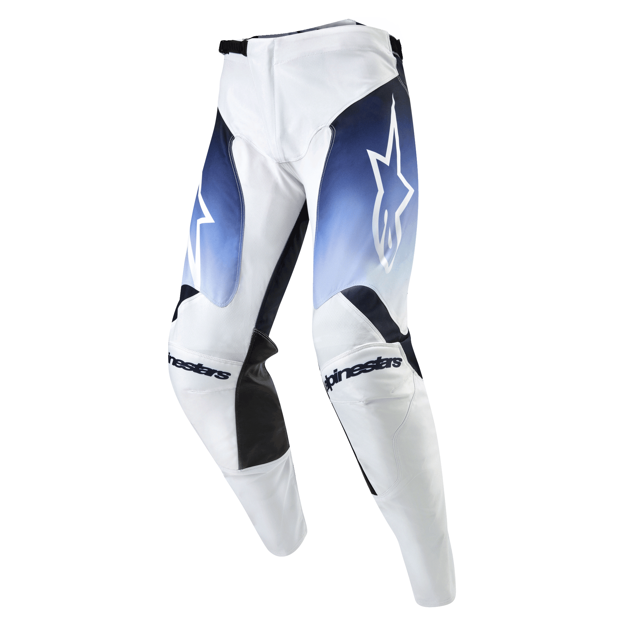 Alpinestars 2024 Racer Hoen Pants, pantaloni da motocross, bianco con pannelli blu navy e azzurro, logo a stella bianco, scritte Alpinestars sulle ginocchia, dettagli neri e design sportivo per fuoristrada
