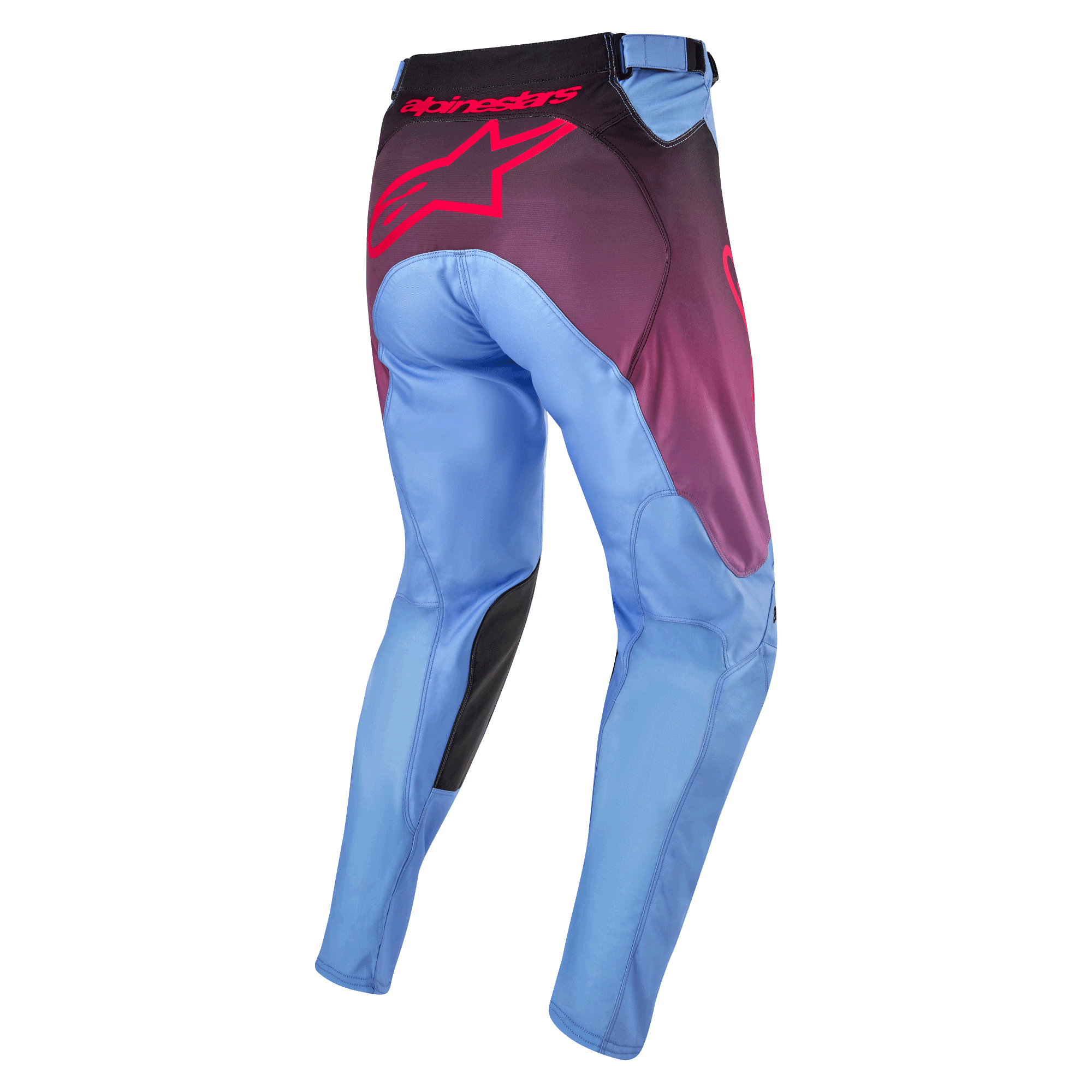 Alpinestars Pantaloni Racer Hoen 2024, pantaloni da motocross, viola Lavan e nero, vista posteriore con gambe azzurre, grande logo Alpinestars rosa sulla seduta, pannelli interni neri sulle ginocchia e costruzione ergonomica pre-curvata per la guida fuoristrada