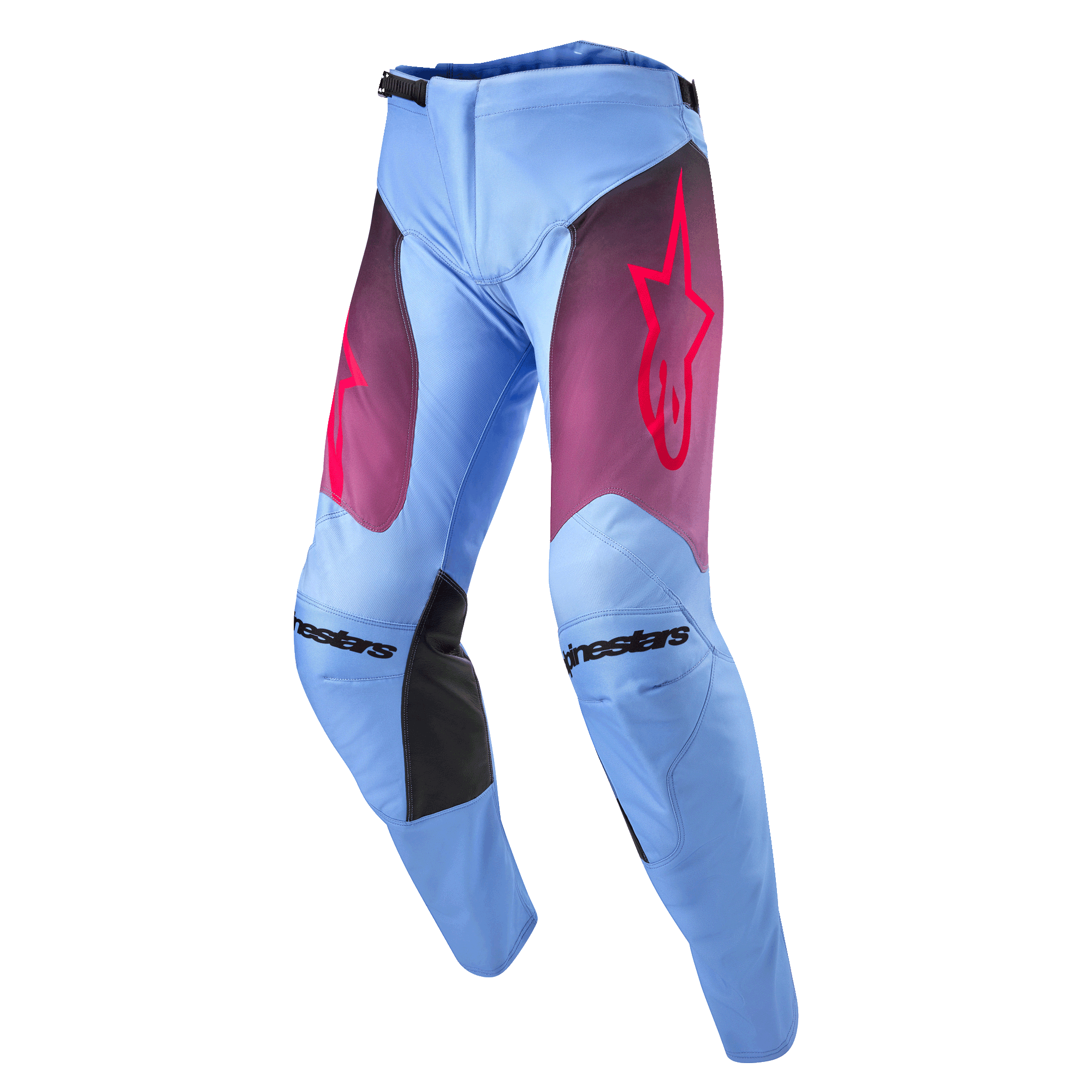 Alpinestars 2024 Racer Hoen Pants, pantaloni da motocross, Lavan Purple e nero, base azzurro lavanda con pannelli sulle cosce sfumati in viola e logo a stella rosa, pannelli interni alle ginocchia neri, design ergonomico pre-curvato per prestazioni fuoristrada