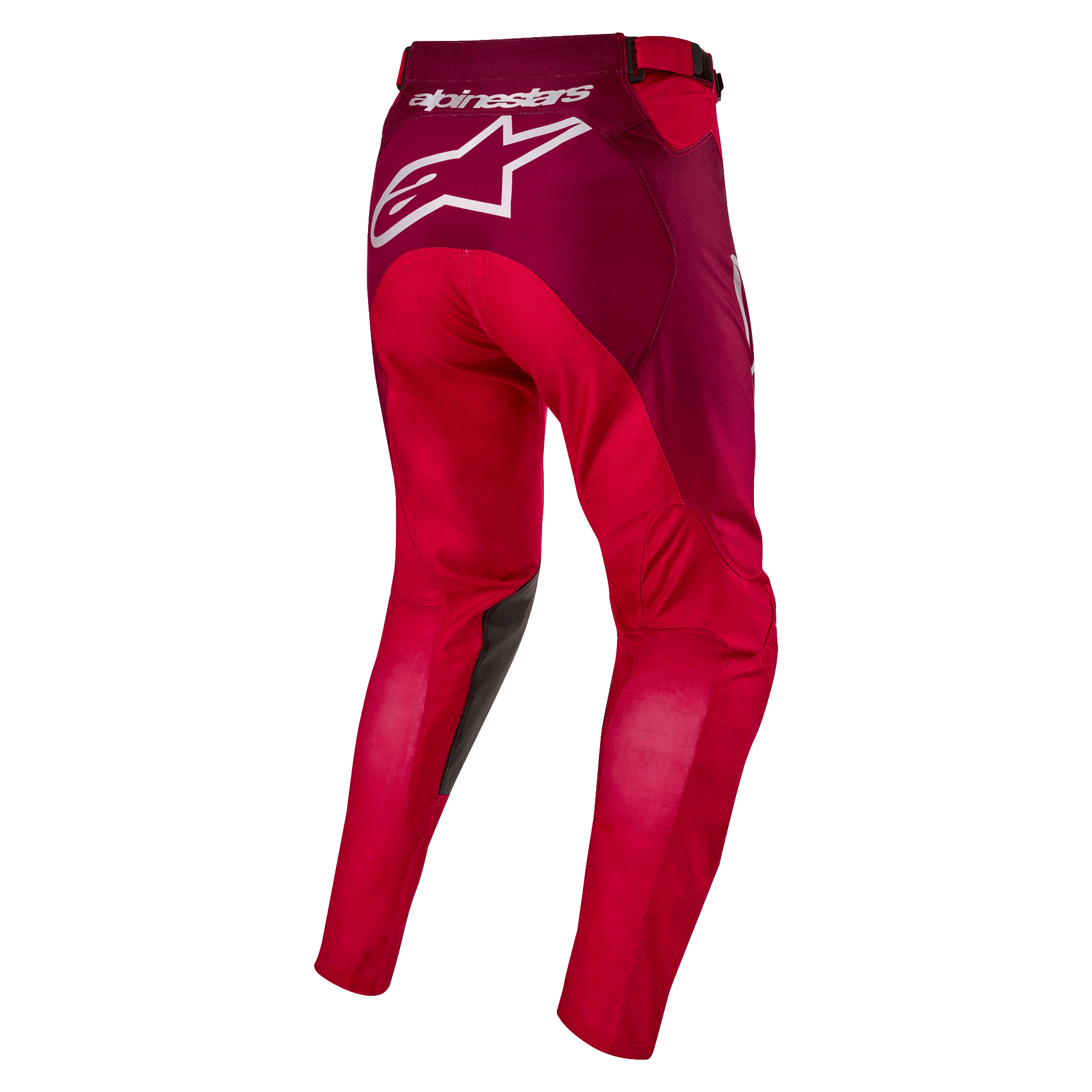 Alpinestars pantaloni Racer Hoen 2024, pantaloni da motocross, rosso Mars e bordeaux, vista posteriore con grande logo Alpinestars bianco sulla seduta, costruzione ergonomica della gamba pre-curvata, materiale tessile resistente per corse fuoristrada