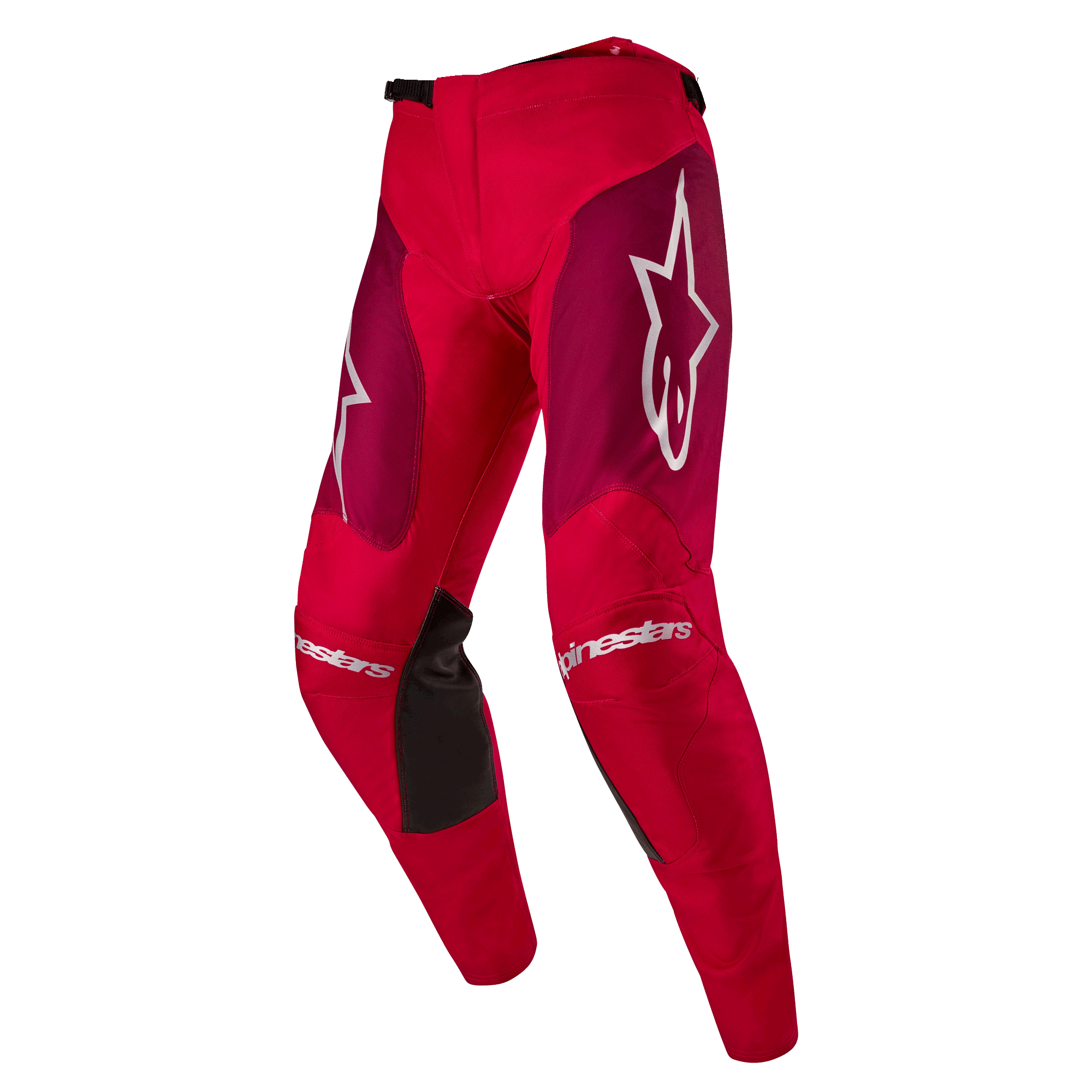 Alpinestars 2024 Racer Hoen Pants, pantaloni da motocross, rosso Mars bordeaux, con pannelli bordeaux sulle cosce e branding Alpinestars bianco su ginocchia e fianchi, pannelli interni al ginocchio neri, design sportivo pre-curvato per prestazioni fuoristrada