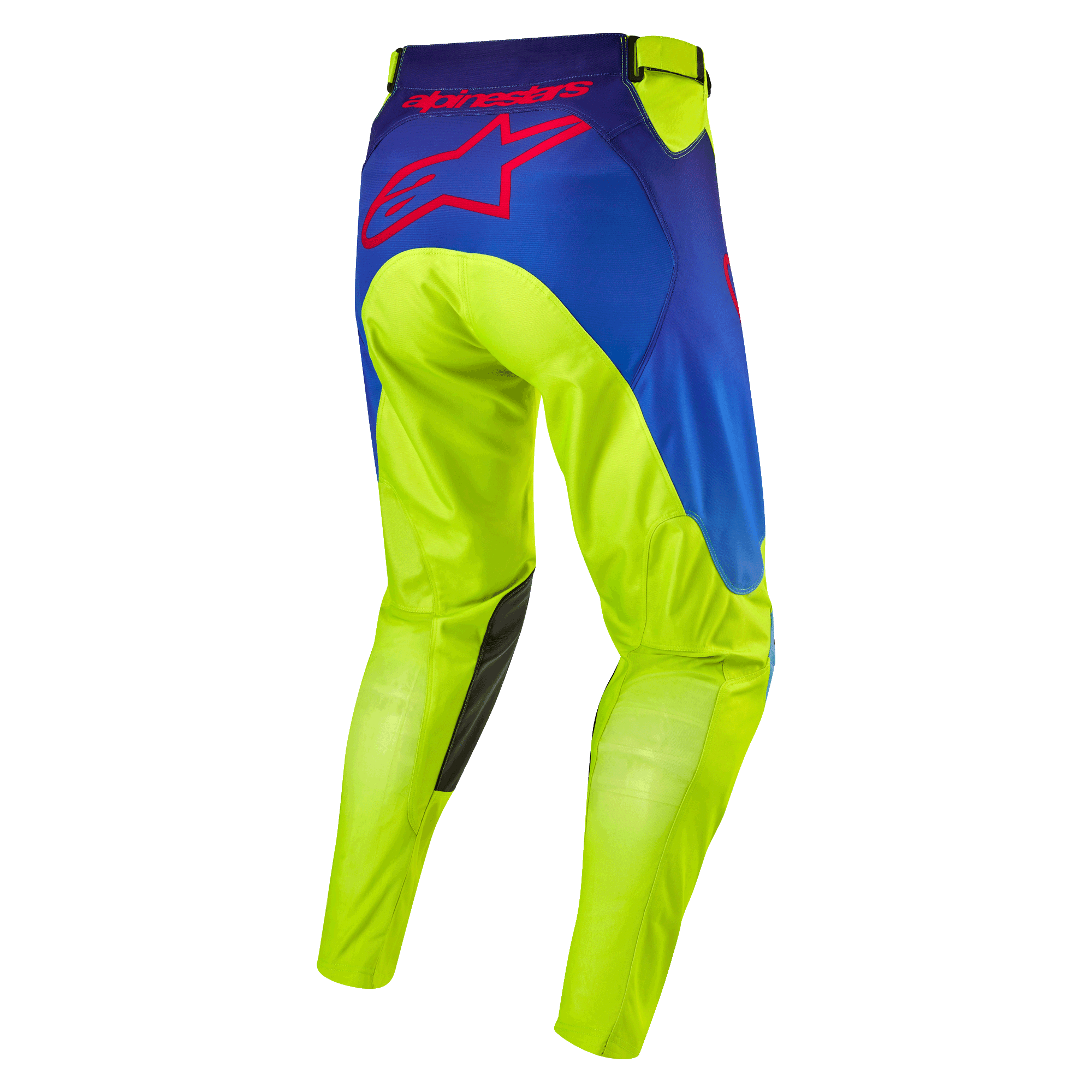Alpinestars Pantaloni Racer Hoen 2024, pantaloni da motocross, giallo fluo e blu night navy, vista posteriore con grande logo a stella Alpinestars rosso, rinforzi interni alle ginocchia in pelle scura, tessuto tecnico resistente per gare fuori strada